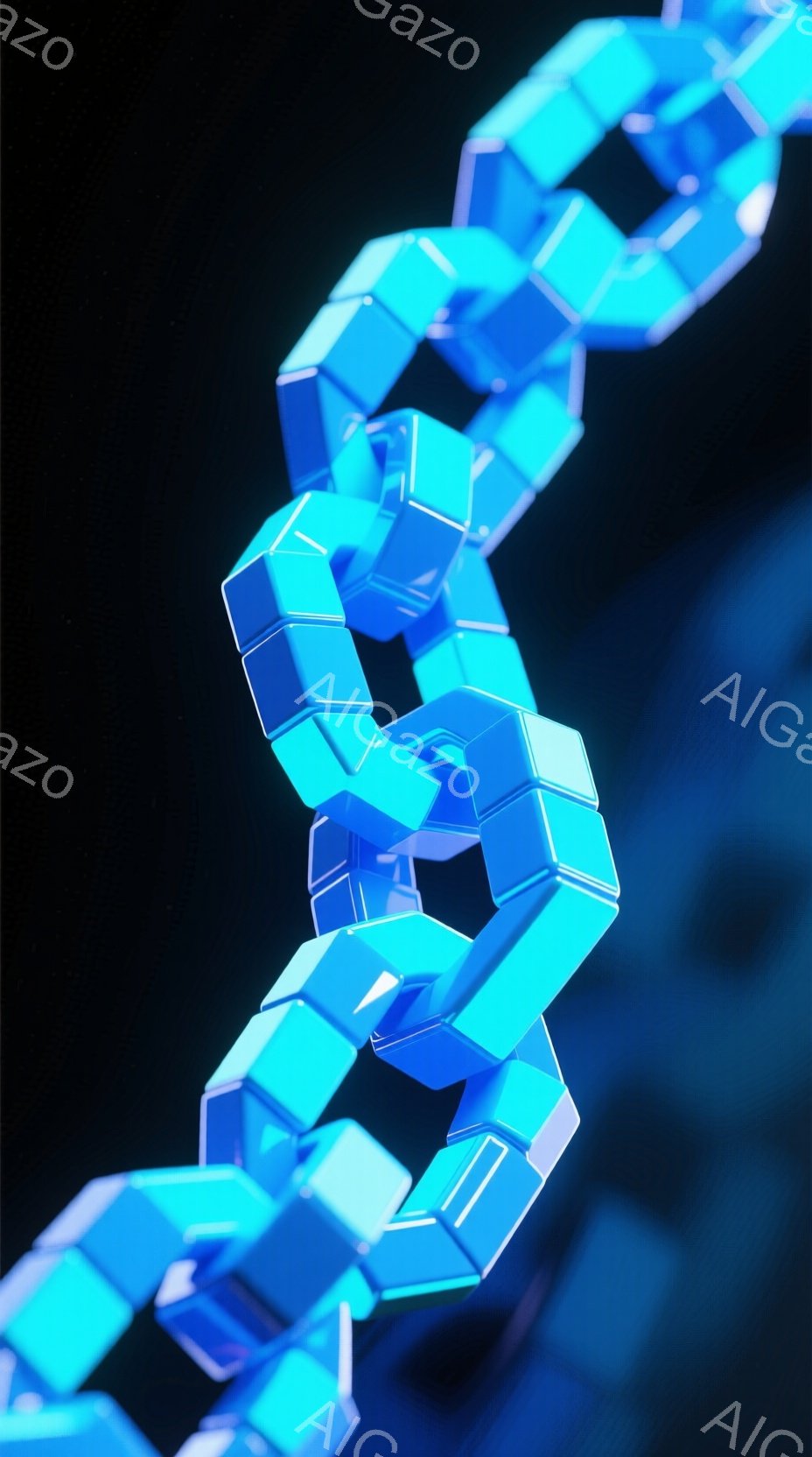 鮮やかな青色の、ねじれた立方体の鎖が、暗い背景に浮かび上がっています。それぞれの立方体は光沢があり、立体感と質感が強調されています。鎖は空中に漂うように曲がり、未来的な印象を与えます。