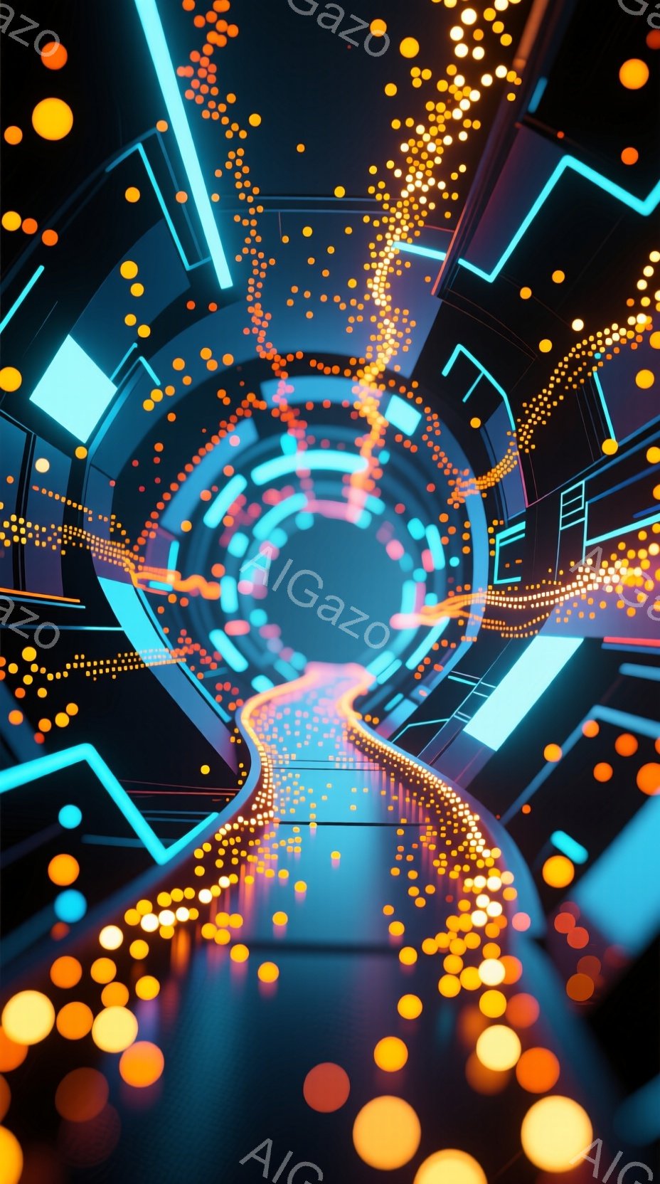鮮やかなネオンカラーで構成されたトンネルが描かれており、無数の光の粒子が渦巻いて奥行きを強調しています。青とオレンジの光が支配的で、未来的なサイバー空間のような雰囲気を醸し出しており、床面は滑らかで反射しており、無数の光を映し出しています。全体として、没入感のあるデジタルな世界観を感じさせる、幻想的で近未来的なイメージです。
