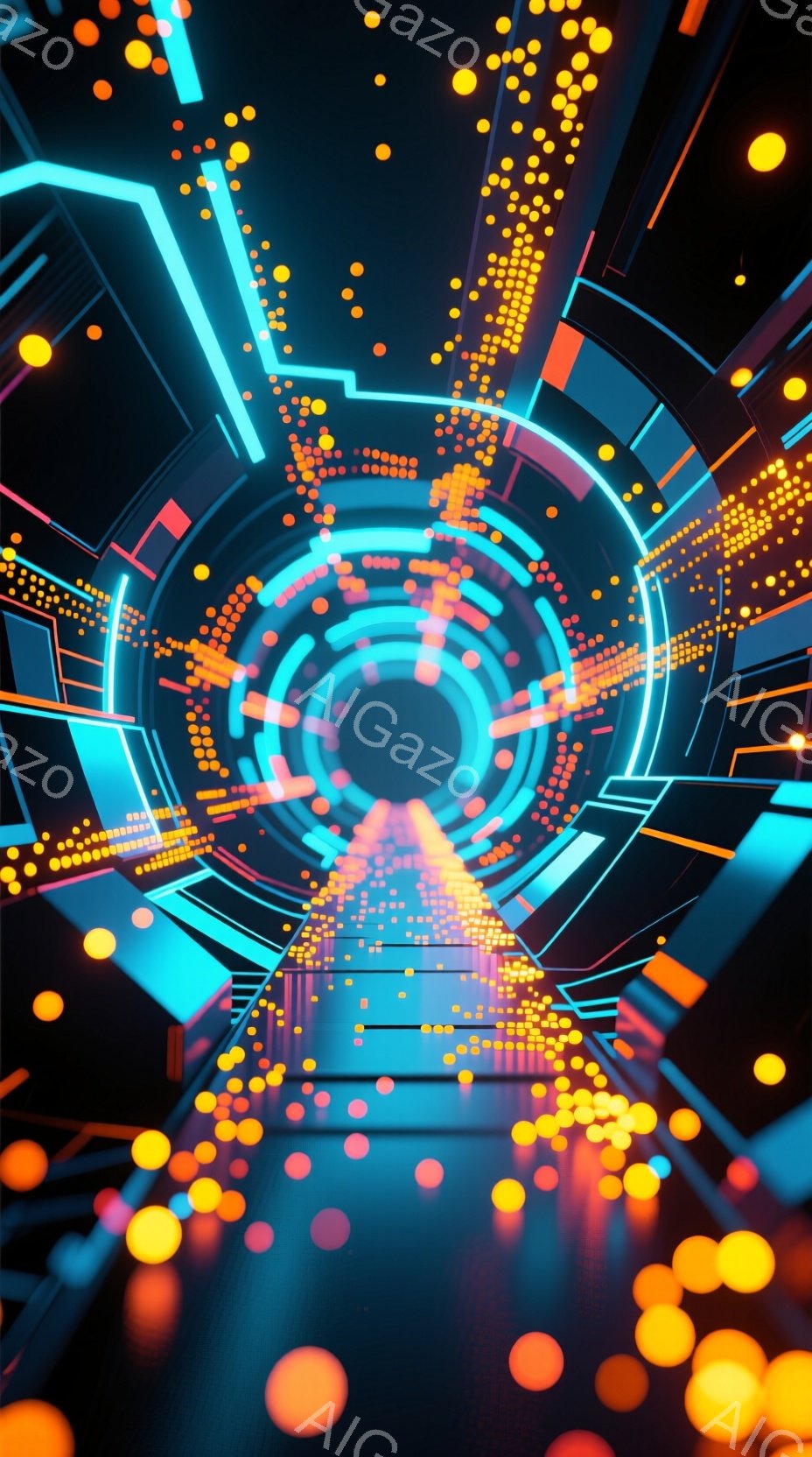 鮮やかなネオンライトが渦巻くトンネルが描かれています。無数の光の粒子が空中に舞い、未来的な空間を演出しています。青とオレンジのコントラストが強調され、ダイナミックで幻想的な雰囲気が漂います。 - AI生成フリー素材