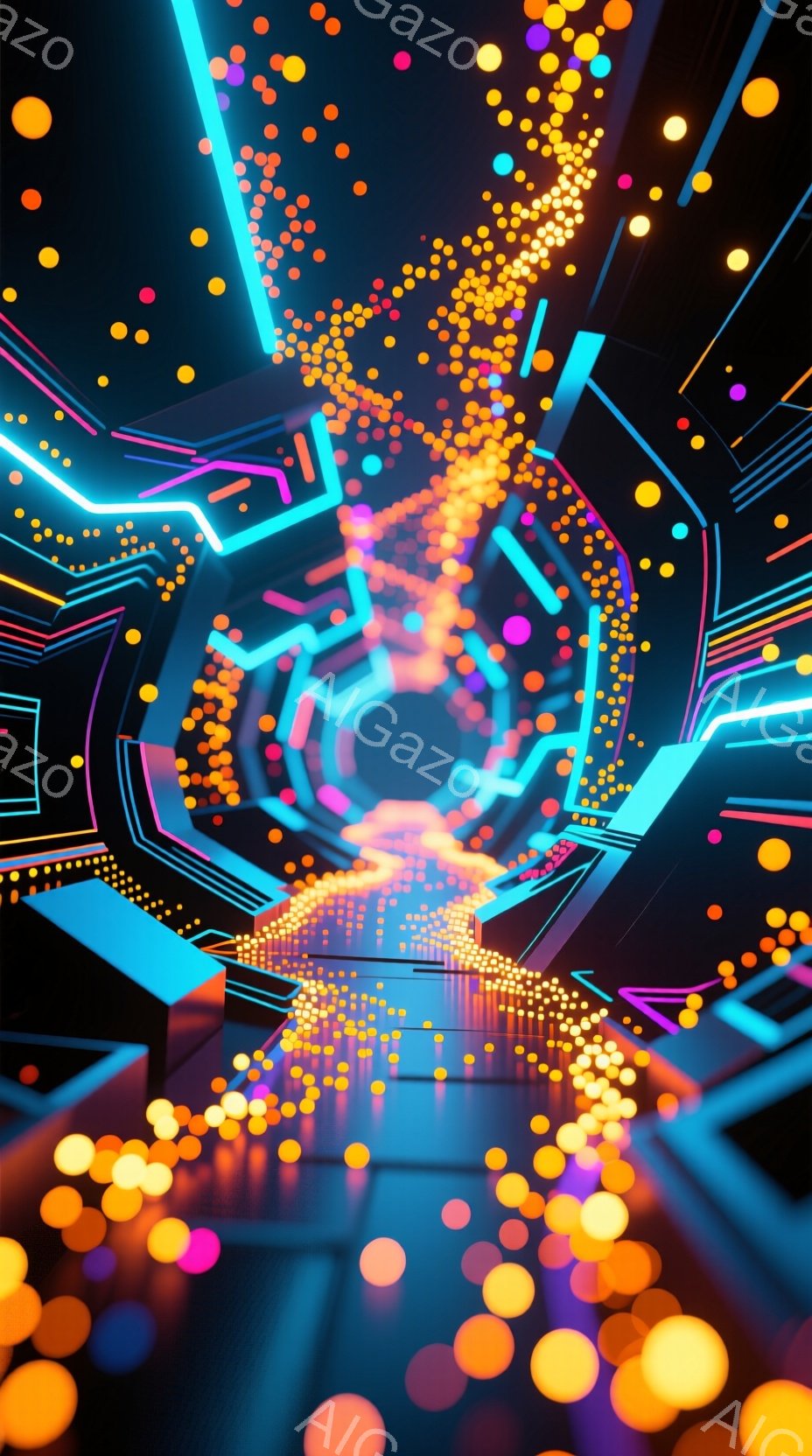 鮮やかなネオンライトが幾何学的なトンネル状の空間を照らし出している。無数の光の粒子が、まるで星屑のように空間全体に散らばり、未来的な雰囲気を醸し出している。黒い背景とネオンカラーのコントラストが、サイバーパンクやデジタルアートを彷彿とさせる視覚効果を生み出している。