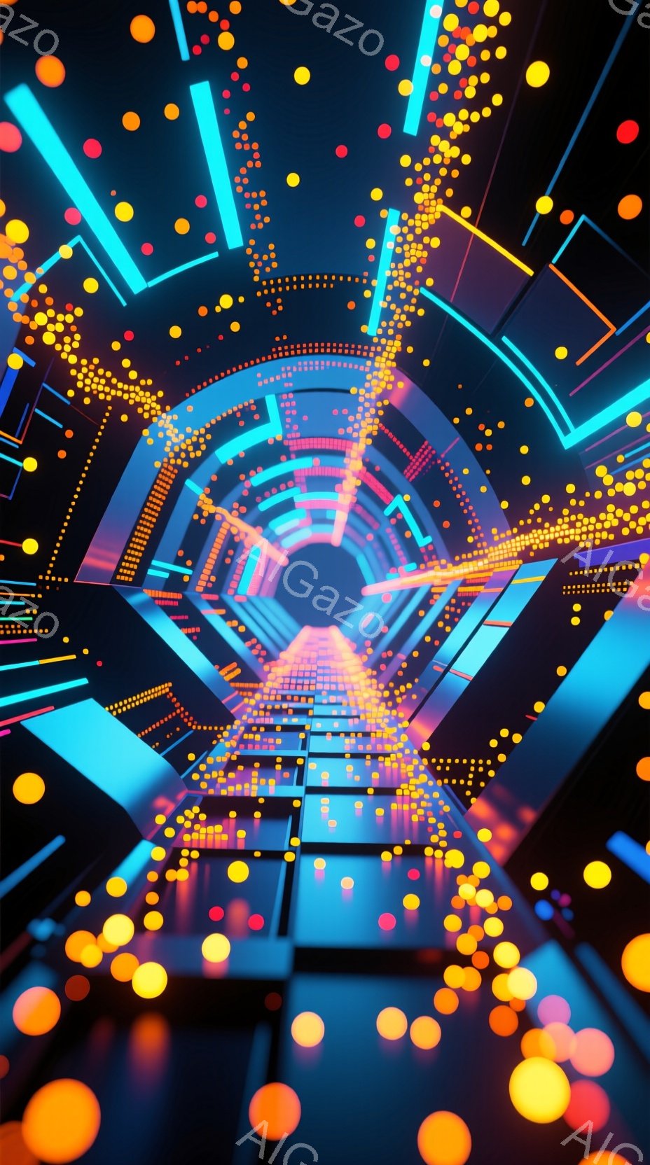 この画像は、鮮やかなネオンライトが幾重にも重なり合うトンネル状の空間を描いています。無数の光の粒子が、まるで星空のように空間を満たし、中央に向かって収束するような視覚効果を生み出しています。全体的に未来的な雰囲気で、サイバーパンクやゲームの世界を想起させます。