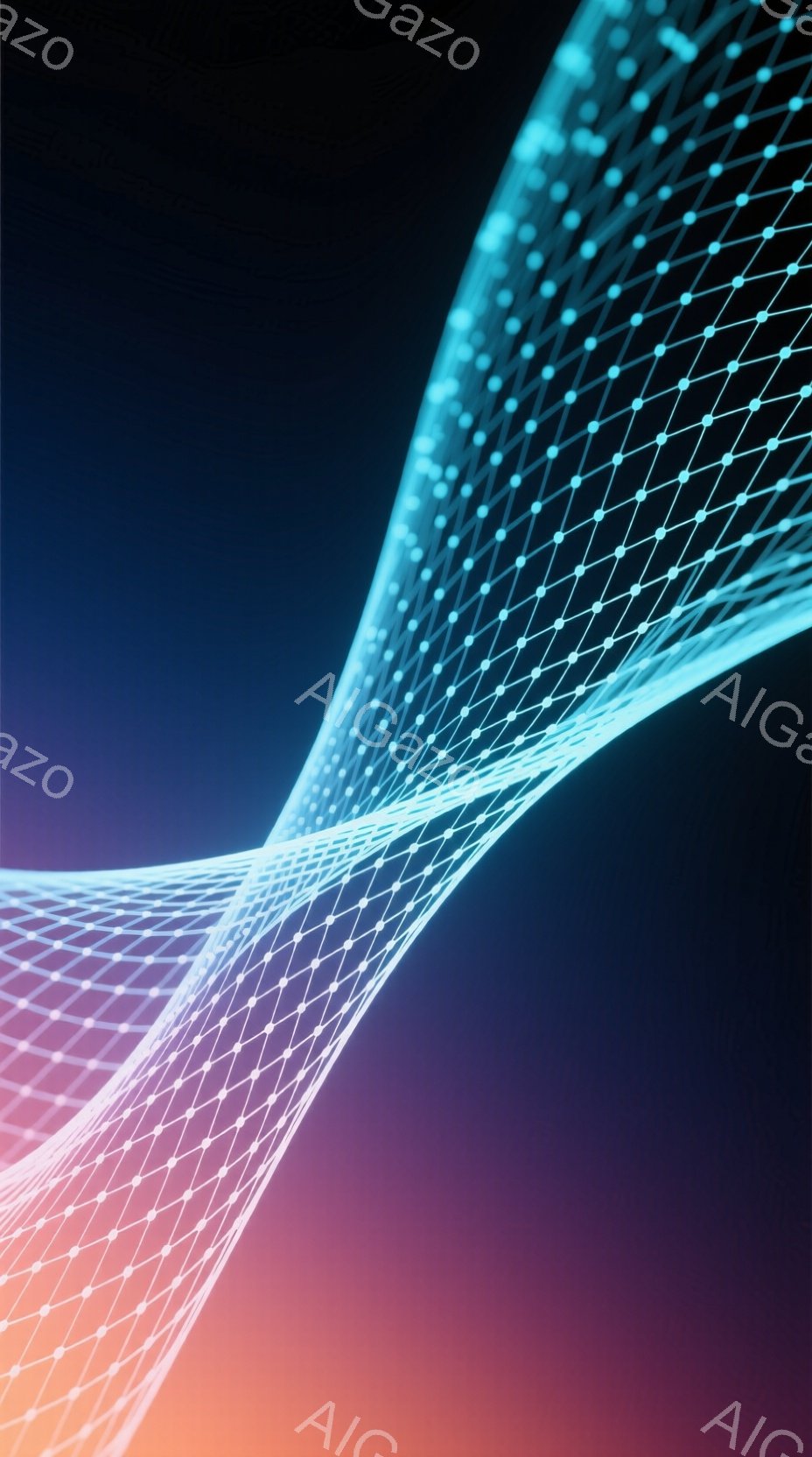 鮮やかな青とオレンジのグラデーションが背景に広がり、その上に光る線がねじれたような形状を描いている。線は細かい点線で構成されており、まるでエネルギーの流れやデジタルな回路を連想させる。全体的に未来的な雰囲気で、抽象的でありながらも躍動感を感じさせる。