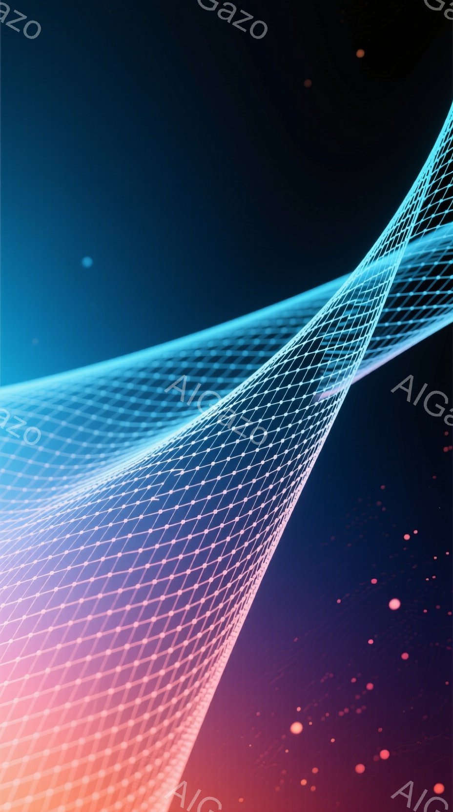 鮮やかな青とオレンジのグラデーションが印象的な抽象的な画像です。細い光の線が絡み合い、流れるような曲線を描いており、まるで未来的なエネルギーの流れを表現しているかのようです。背景は暗い紺色で、小さな光 - AI生成フリー素材