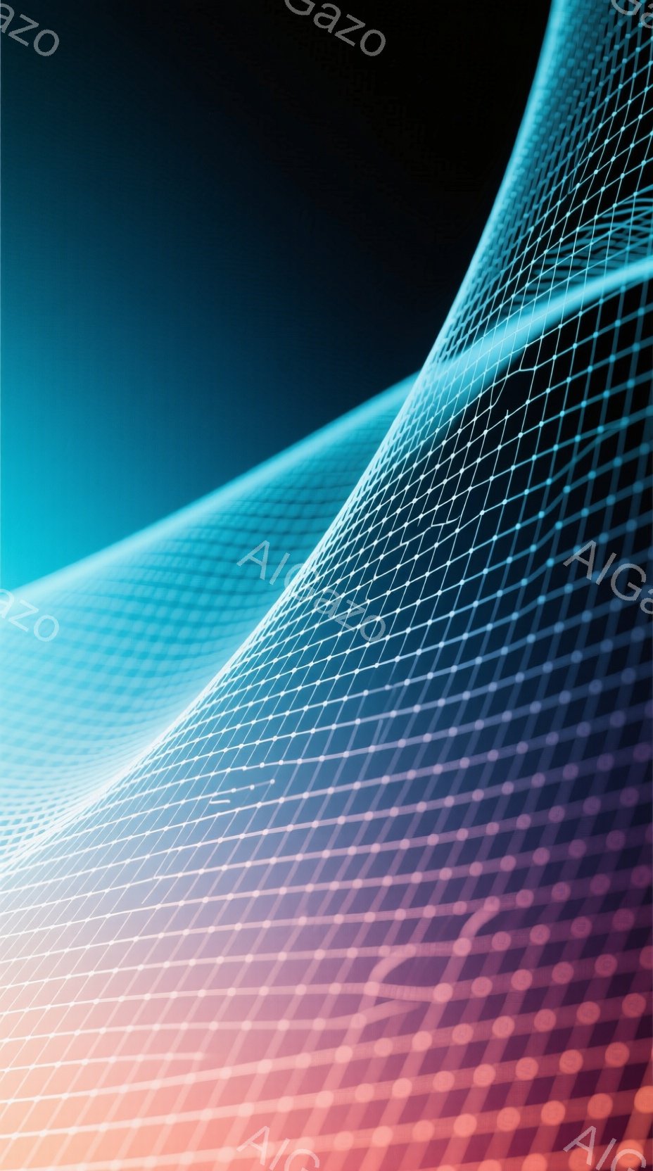 鮮やかな青からオレンジ色へのグラデーションが印象的な、線で構成された抽象的なイメージです。網目状の線が空間を曲線的に貫き、未来的なテクノロジーやデジタル世界の概念を想起させます。背景は暗く、光のラインが際立つようにデザインされています。