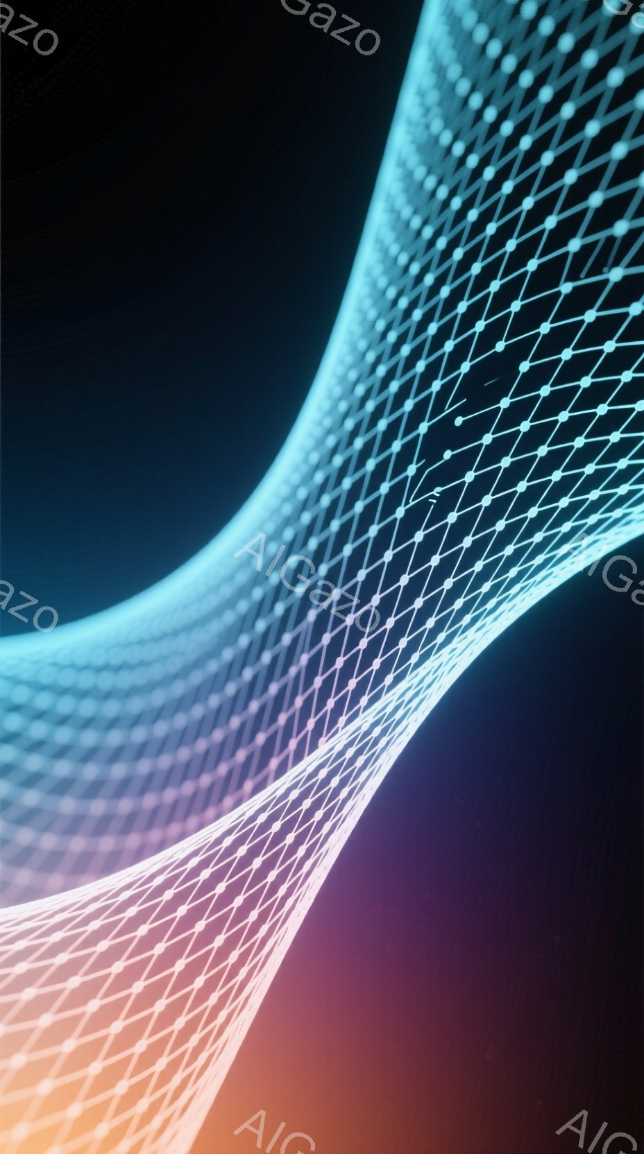 この画像は、鮮やかなグラデーションがかかった光の線が、斜めに画面を横切る様子を描いています。線は細かなグリッド状の点で構成され、未来的なテクノロジーやエネルギーの流れを想起させます。背景は暗く、光の線 - AI生成フリー素材