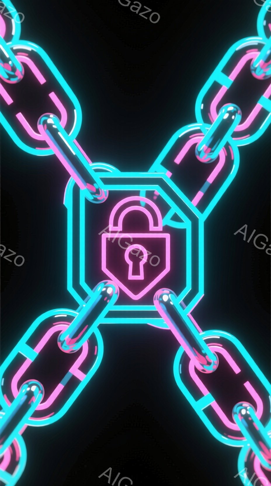 鮮やかなネオンピンクと水色のチェーンが、暗い背景に浮かび上がっている。チェーンの中心には、同じネオンカラーで描かれた南京錠が配置され、閉ざされた状態を示唆している。 全体的に未来的な雰囲気で、デジタルアートのような印象を与える。