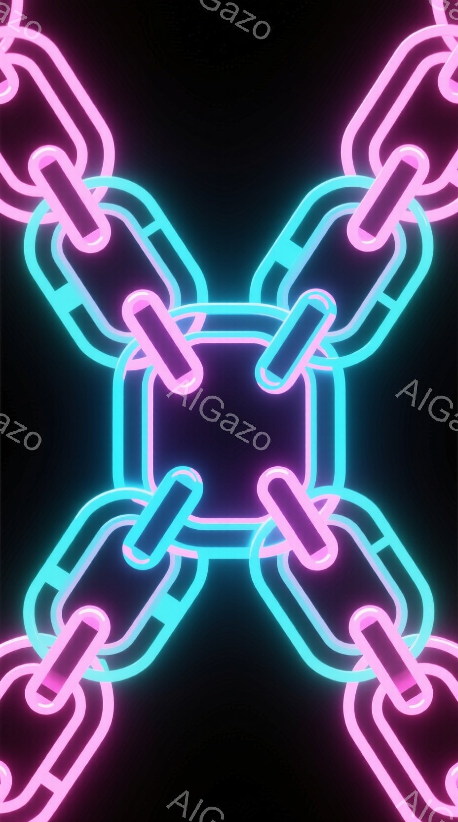 鮮やかなネオンピンクとターコイズブルーのチェーンが、黒い背景に複雑に絡み合って描かれています。チェーンは光沢があり、未来的な印象を与え、その形状は幾何学的でシャープです。全体的に、モダンでエネルギーに満ちた雰囲気が漂っています。