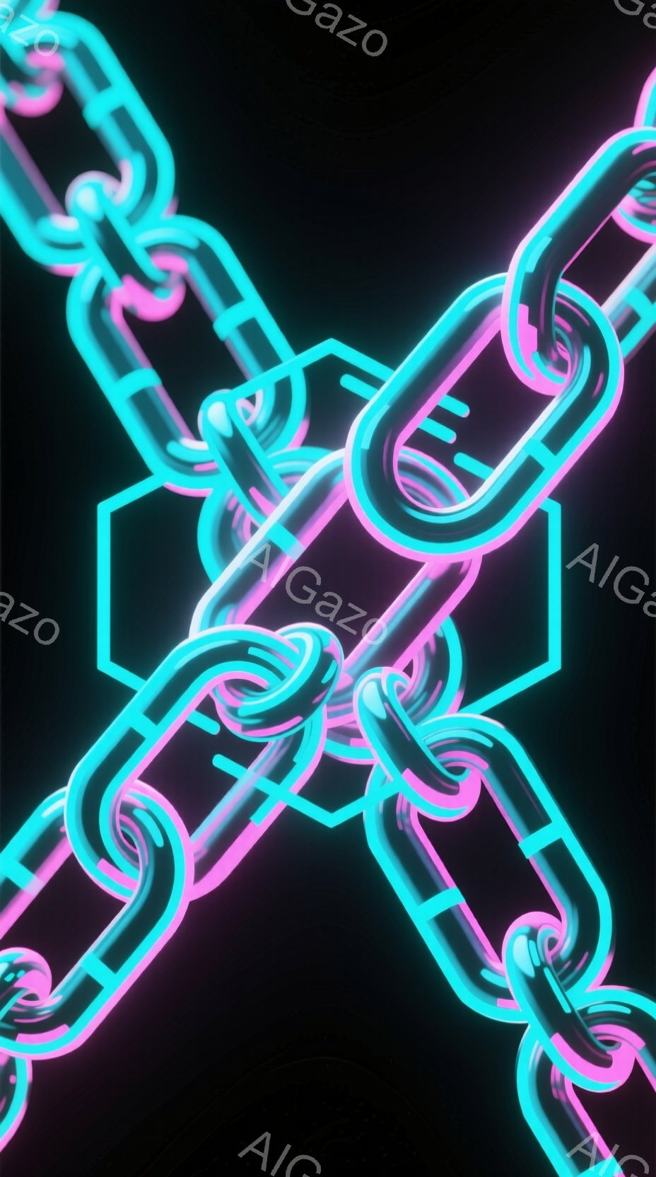 鮮やかなターコイズブルーとピンク色の光る鎖が、黒い背景の中で交差して絡み合っている様子が描かれている。鎖は滑らかで未来的なデザインで、光の反射が強調され、立体感を醸し出している。全体的に、ネオンライトのような印象で、サイバーパンクやテクノロジーを連想させる、鮮やかで近未来的な雰囲気が漂っている。