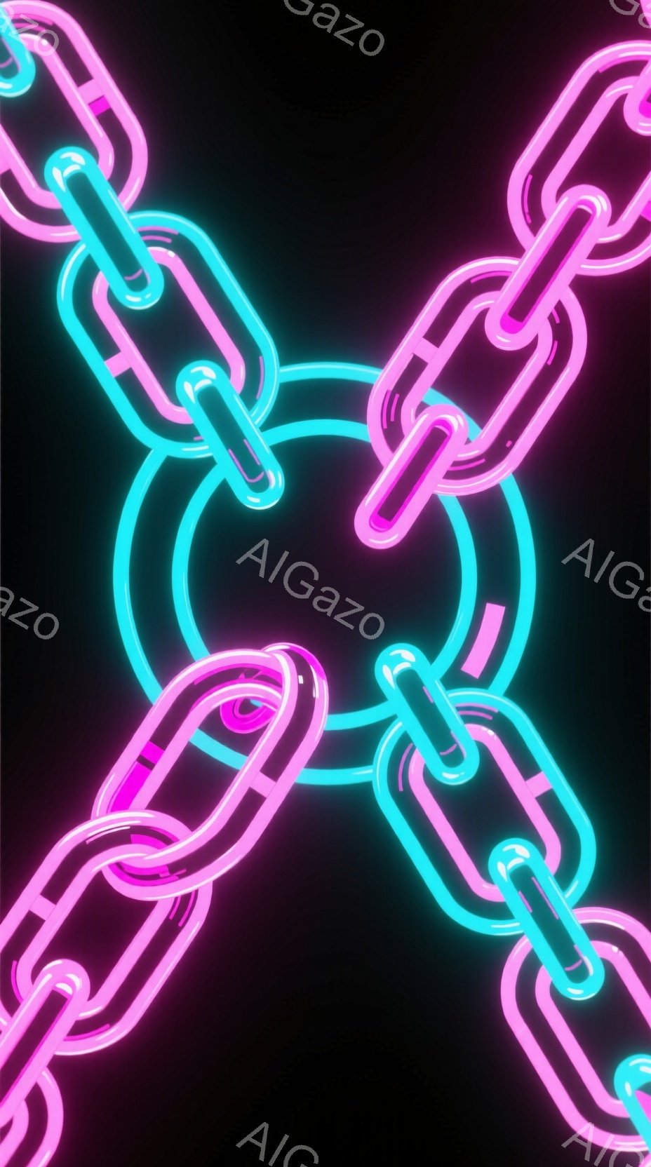 この画像は、ネオンピンクとターコイズブルーの光る金属チェーンが黒い背景に絡み合っている様子を描いています。チェーンは立体的に表現され、光の強弱によって未来的な雰囲気を醸し出しています。全体的にミニマルでスタイリッシュな印象を与え、サイバーパンクやデジタルアートを彷彿とさせます。