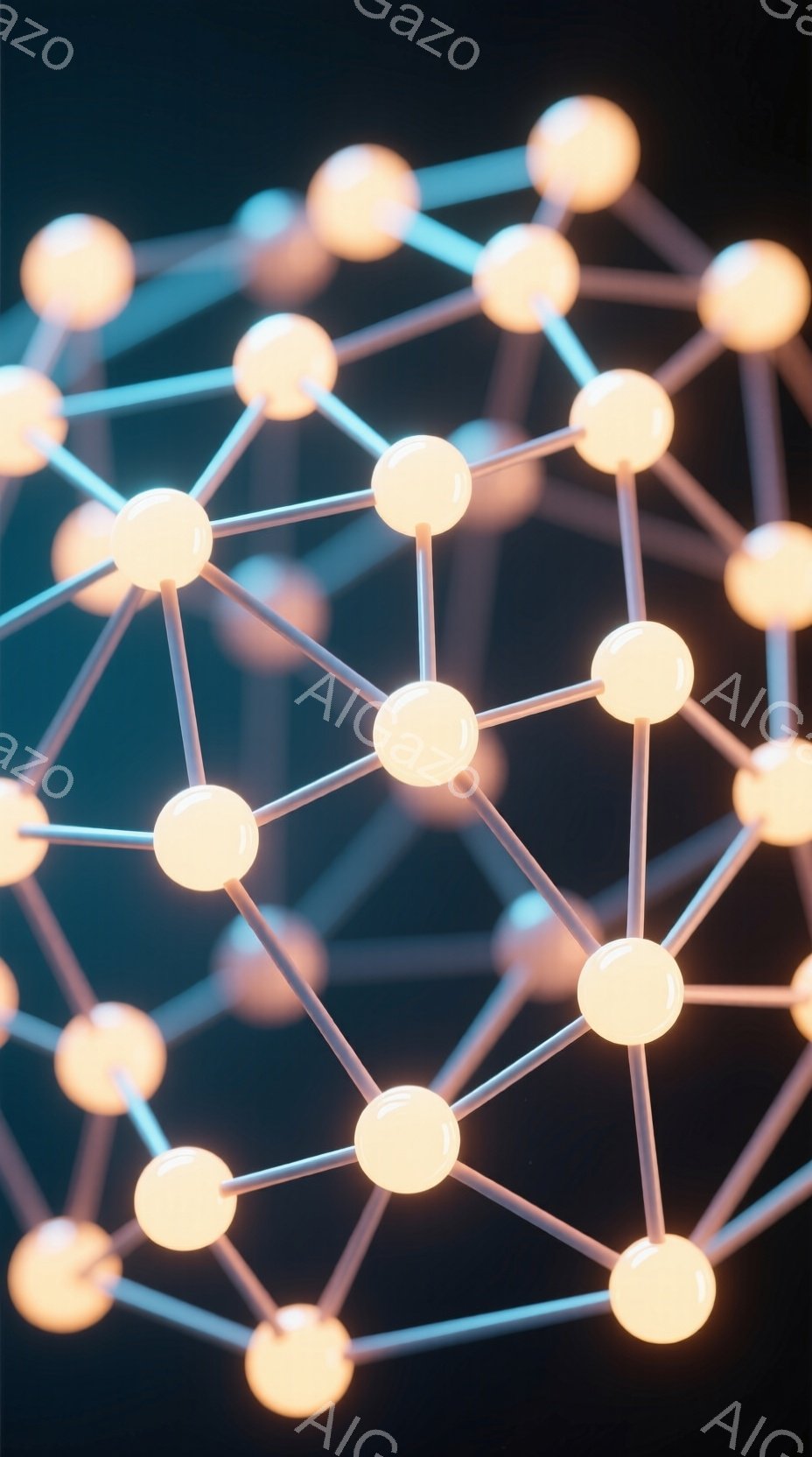 鮮やかなオレンジ色の球体が複雑なネットワーク状に繋がっており、まるで分子構造や神経回路を想起させる。球体同士を結ぶ線は白く光り、暗い背景に浮かび上がるコントラストが印象的だ。全体的に未来的で科学的な雰 - AI生成フリー素材