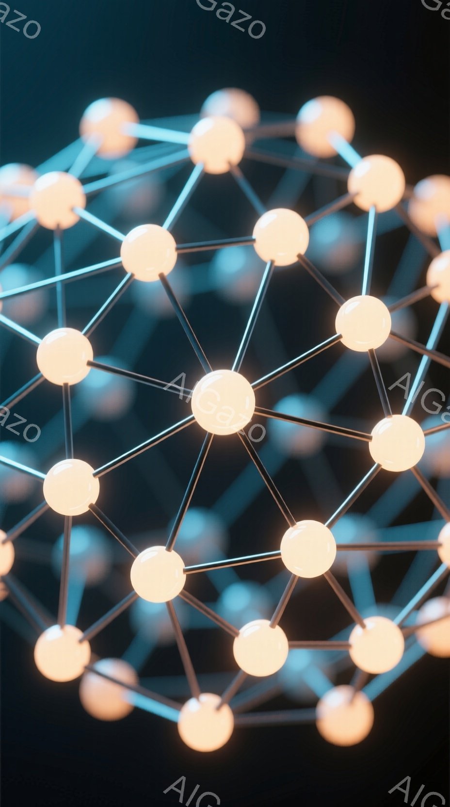 画像は、光る球体が多数接続されたネットワーク構造を捉えたものです。球体は白く明るく輝き、細い線で結ばれて複雑な球体状の形を形成しています。暗い背景が球体の明るさを際立たせ、未来的なテクノロジーやつなが - AI生成フリー素材