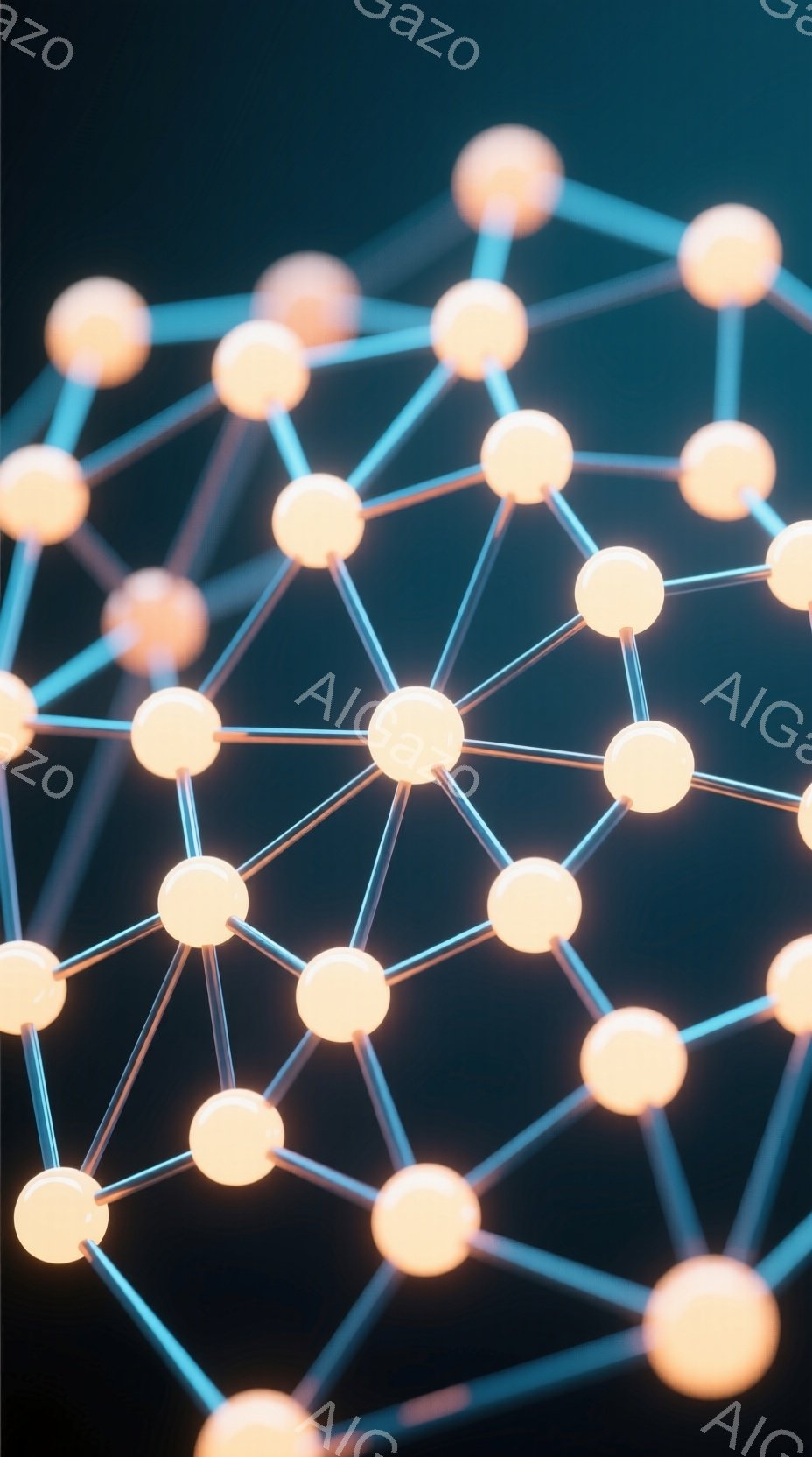 鮮やかなオレンジ色の球体が線で繋がれたネットワーク構造が描かれています。球体は光を放っており、線はそれらを繋ぐように伸びています。暗い背景がネットワーク構造を際立たせており、未来的な雰囲気を作り出して - AI生成フリー素材