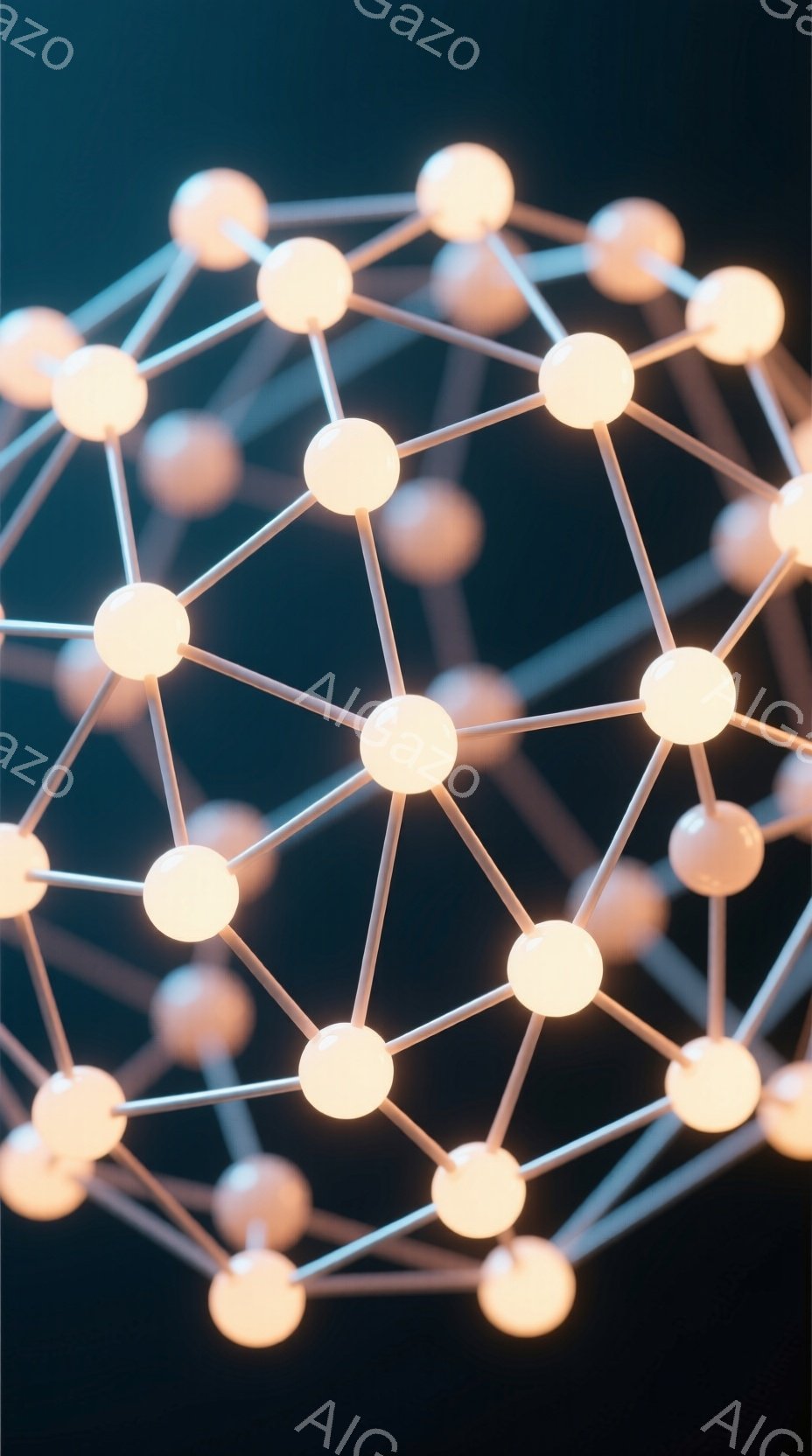 鮮やかな光を放つ球状のネットワーク構造が描かれています。白い線で結ばれた球体は、分子モデルやデータ構造を想起させ、複雑な繋がりを視覚的に表現しています。背景は暗く、球体のみが光を放ち、未来的な雰囲気を醸し出しています。