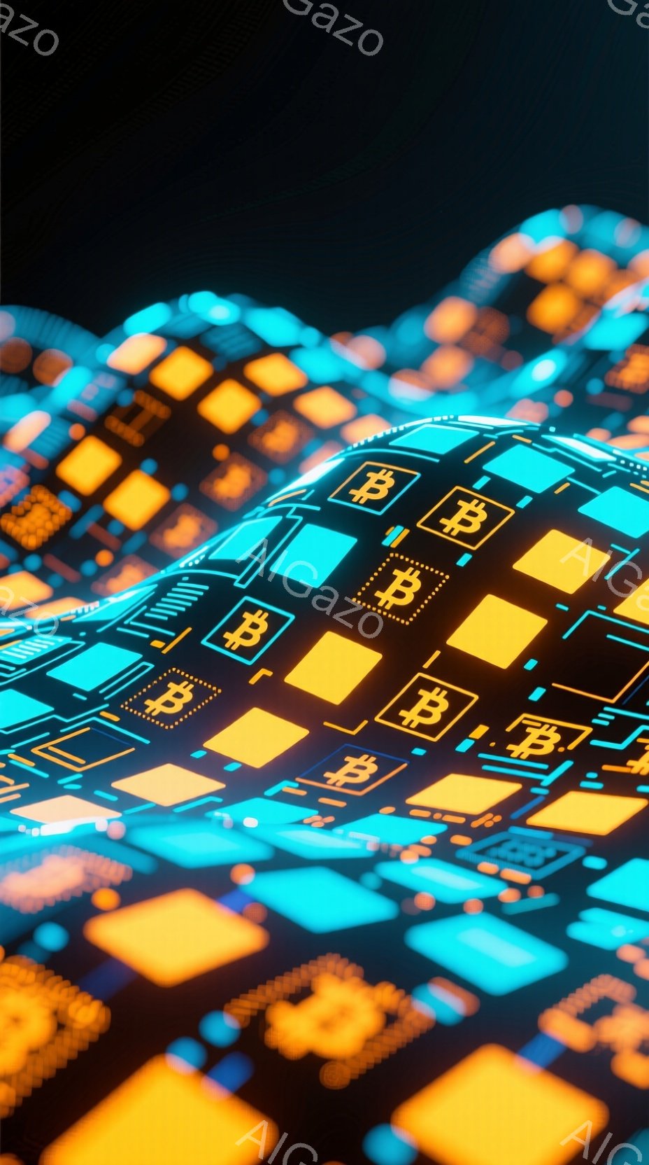 鮮やかな青とオレンジ色の光る正方形が、斜め下方向に広がる回路基板のようなテクスチャを形成しています。各正方形にはビットコインのロゴが配置され、未来的なデジタル通貨の世界観を表現しています。全体的に、デジタル技術と金融を象徴する、抽象的で革新的な雰囲気です。