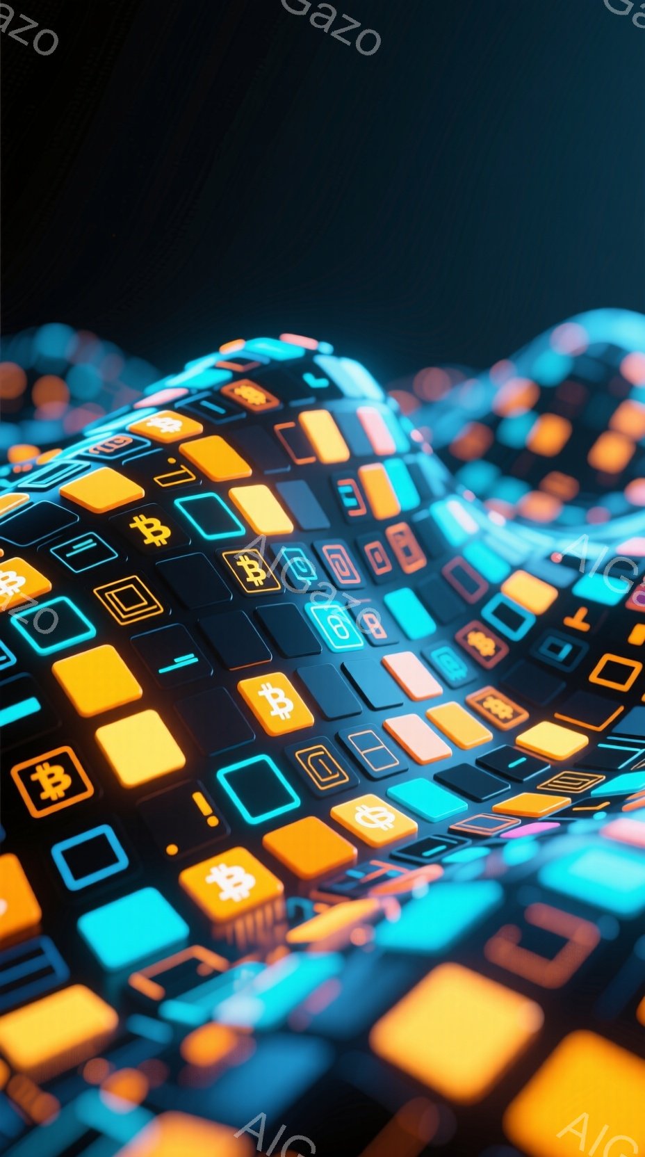 この画像は、鮮やかなオレンジと水色の四角いタイルが渦巻状に重なり合った抽象的なデジタルアートです。各タイルには様々な記号やアイコンが刻まれており、サイバーパンクまたは仮想通貨を連想させるような未来的な雰囲気を作り出しています。光沢のある質感と陰影が、立体感と奥行きを与え、視覚的なインパクトを高めています。