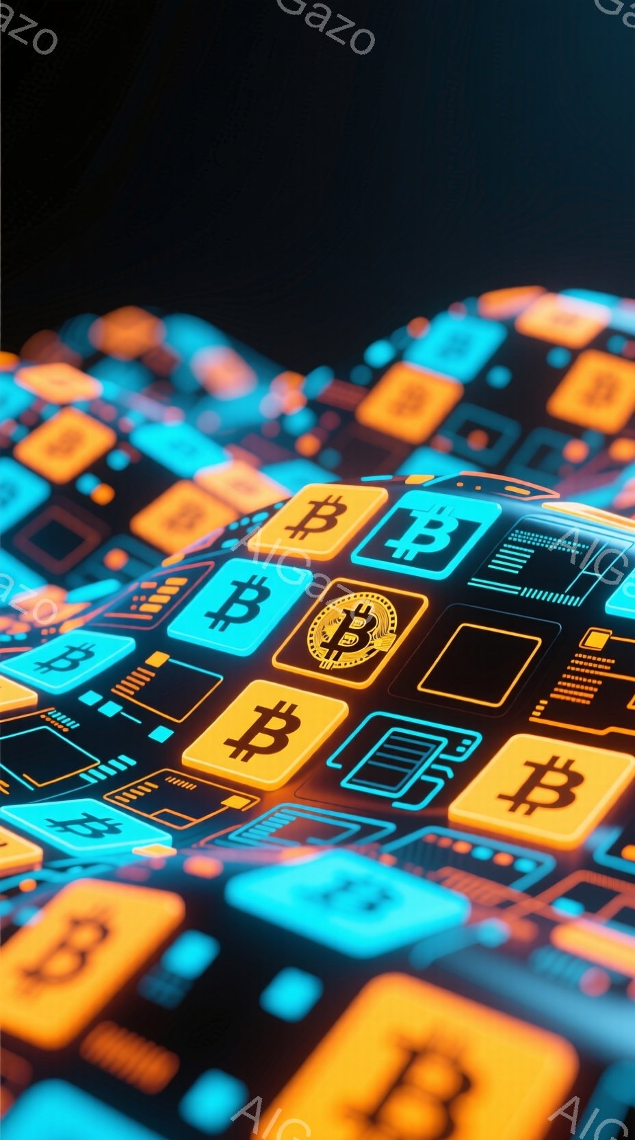 この画像は、ビットコインのアイコンが並んだ、鮮やかなデジタルな背景を表しています。アイコンはネオンカラーで照らされ、青、オレンジ、黄色の光が強調されています。全体として、未来的なテクノロジーと暗号通貨 - AI生成フリー素材