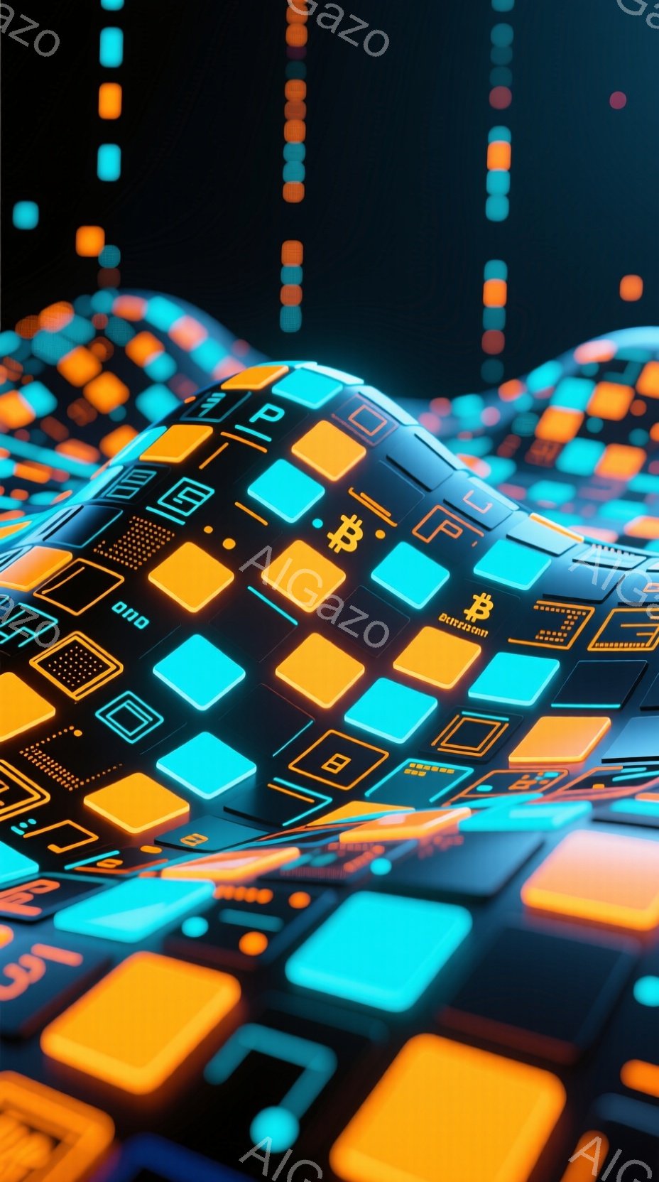 鮮やかな青とオレンジ色の光が特徴的な、未来的な球体が画像の中央に配置されています。球体は、様々なデジタルアイコンや記号で覆われており、ビットコインのシンボルも含まれています。背景は抽象的な光のパターンで構成され、全体としてテクノロジーとデジタル世界の雰囲気を醸し出しています。