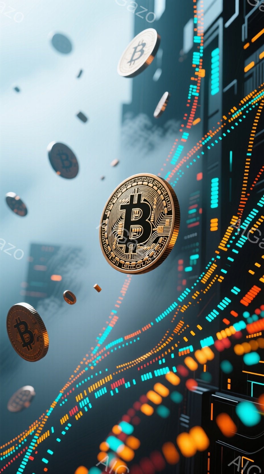 画像は暗い背景に浮かぶビットコインのコインが複数描かれています。コインは金色で、背景には青と赤の光のラインが抽象的に描かれており、サイバーパンクのような雰囲気です。全体的に未来的なテクノロジーと金融を - AI生成フリー素材