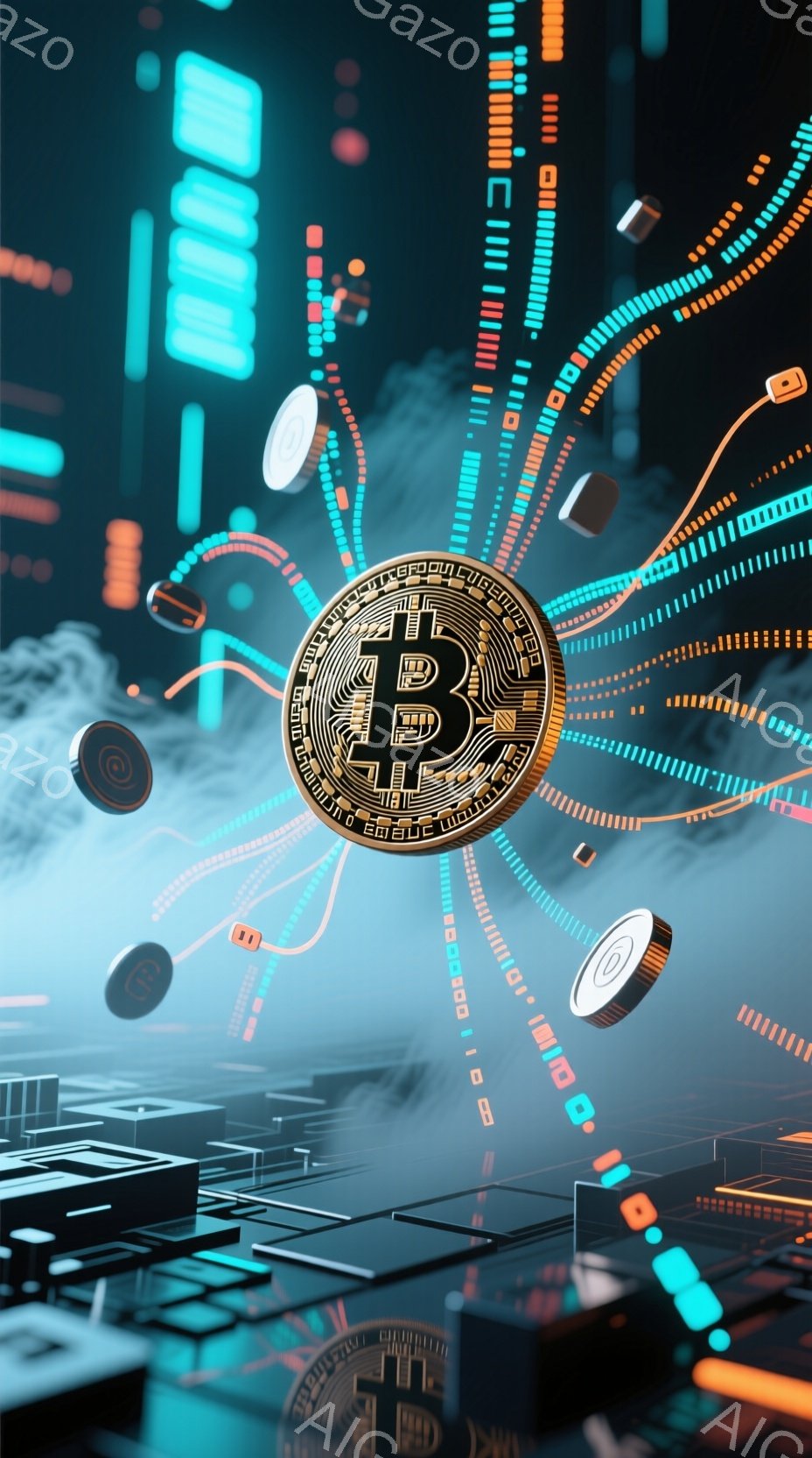 この画像は、暗号通貨ビットコインをテーマにしたデジタルアート作品です。鮮やかなターコイズブルーとオレンジの光線が網の目のように広がり、ビットコインのロゴが中央に大きく配置されています。背景は抽象的なデジタル回路のパターンで、未来的な雰囲気とテクノロジーの進歩を強調しています。