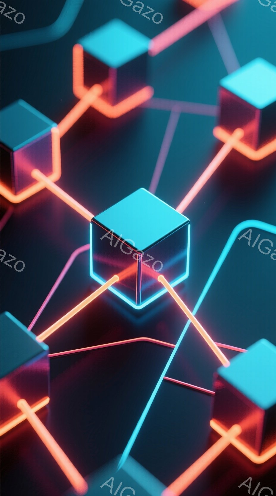 鮮やかな水色の立方体が、ネオンライトのようなオレンジと青の線で繋がれた抽象的な構成が描かれています。背景は暗く、光の線が反射し、未来的な雰囲気を醸し出しています。全体として、技術的なネットワークやエネ - AI生成フリー素材