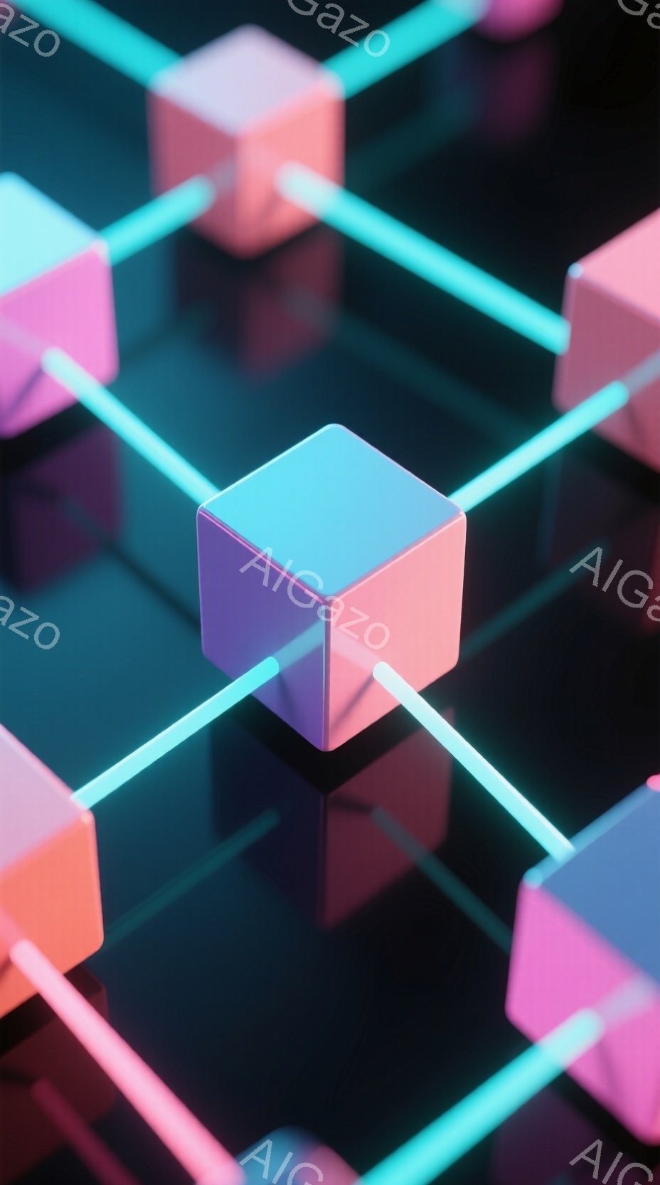 鮮やかなピンクと紫色の立方体が、ネオンブルーの線で接続された、未来的なネットワークを形成している様子が描かれている。立方体は鏡面仕上げで光を反射し、暗い背景に浮かび上がり、洗練された幾何学的な構成を作り出している。全体的に、この画像はテクノロジー、接続性、そしてミニマルな美しさを表現した抽象的なアートワークである。