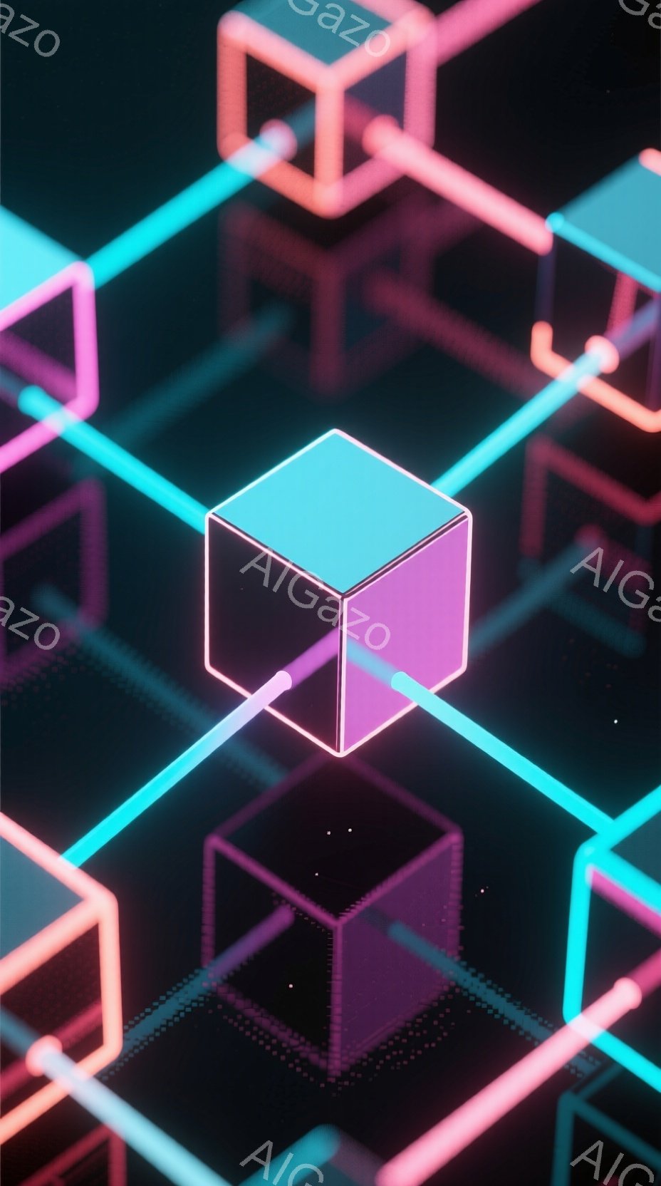 鮮やかなネオンピンクとターコイズブルーの光る立方体が、暗い背景に浮かび上がっています。立方体は、光る線によって複雑に繋がれており、未来的なネットワークのような印象を与えます。全体的に、サイバーパンクや - AI生成フリー素材