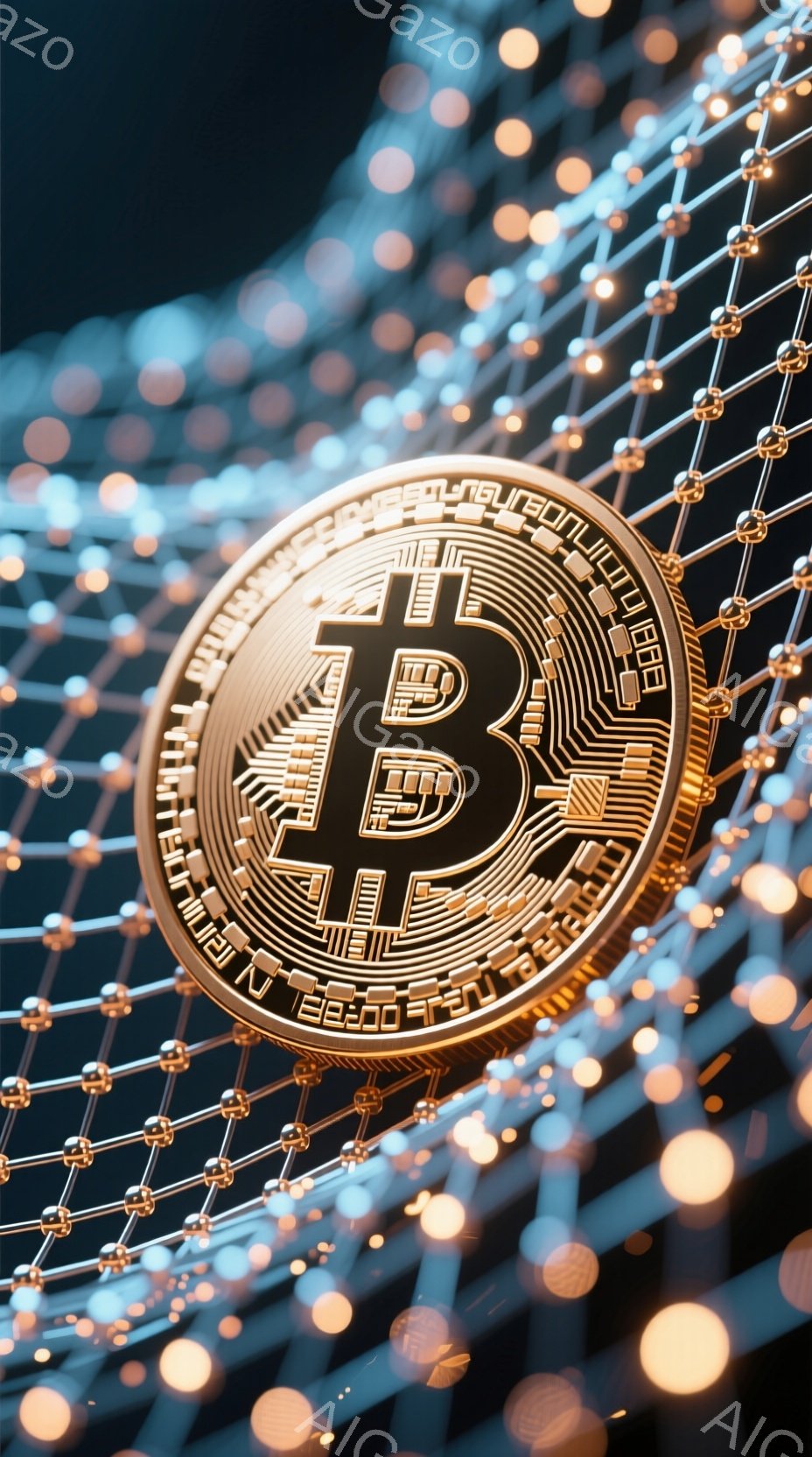 画像は金色のビットコインが、光る球体と線で構成された複雑なネットワークの前に浮かんでいる様子を捉えています。ビットコインの表面には複雑な回路模様が刻まれており、デジタル通貨を象徴しています。背景は暗く - AI生成フリー素材