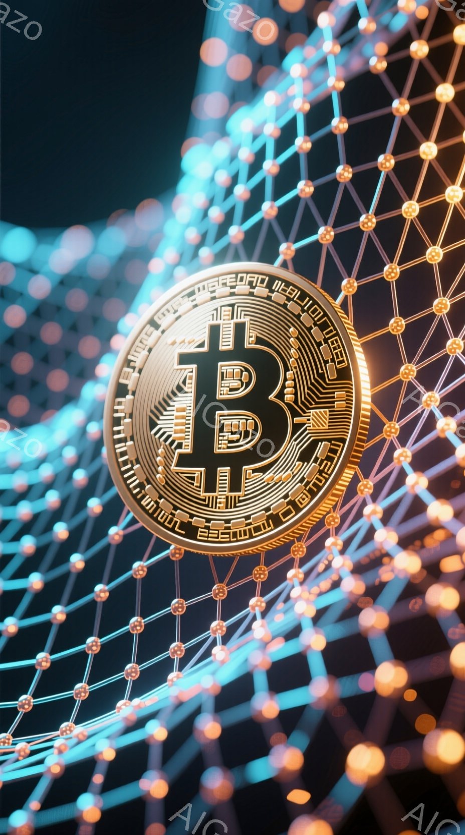鮮やかな青色の光るネットワークが背景に広がり、中央には金色のビットコインのアイコンが配置されています。ビットコインのアイコンは、複雑な回路パターンで構成されており、テクノロジーと金融を象徴しています。 - AI生成フリー素材