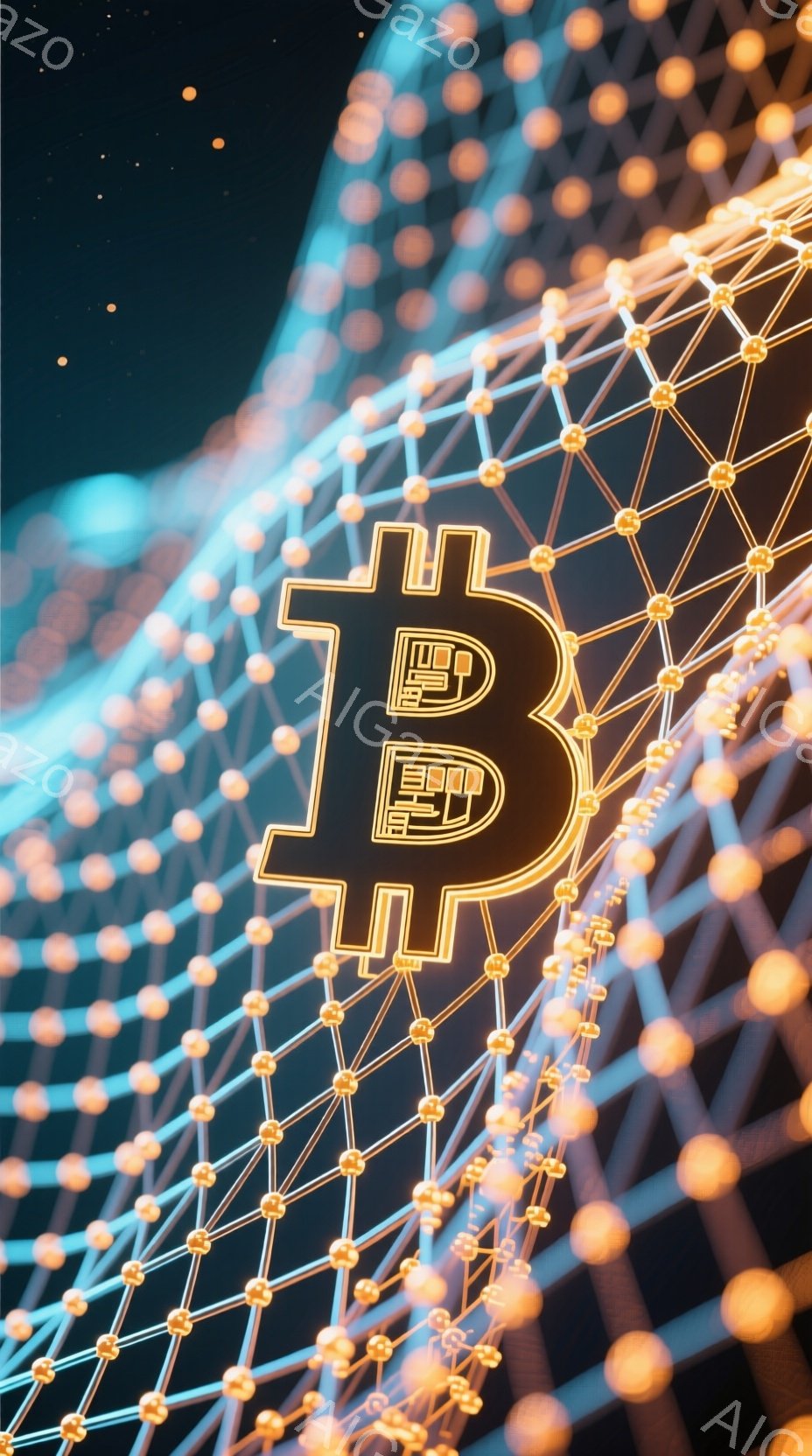 画像はビットコインの記号が、複雑な光のネットワークの上に大きく表示されています。ネットワークは金色の光線で構成され、青色と紫色のぼやけた背景と融合し、未来的な印象を与えます。全体的に、この画像は暗号通 - AI生成フリー素材