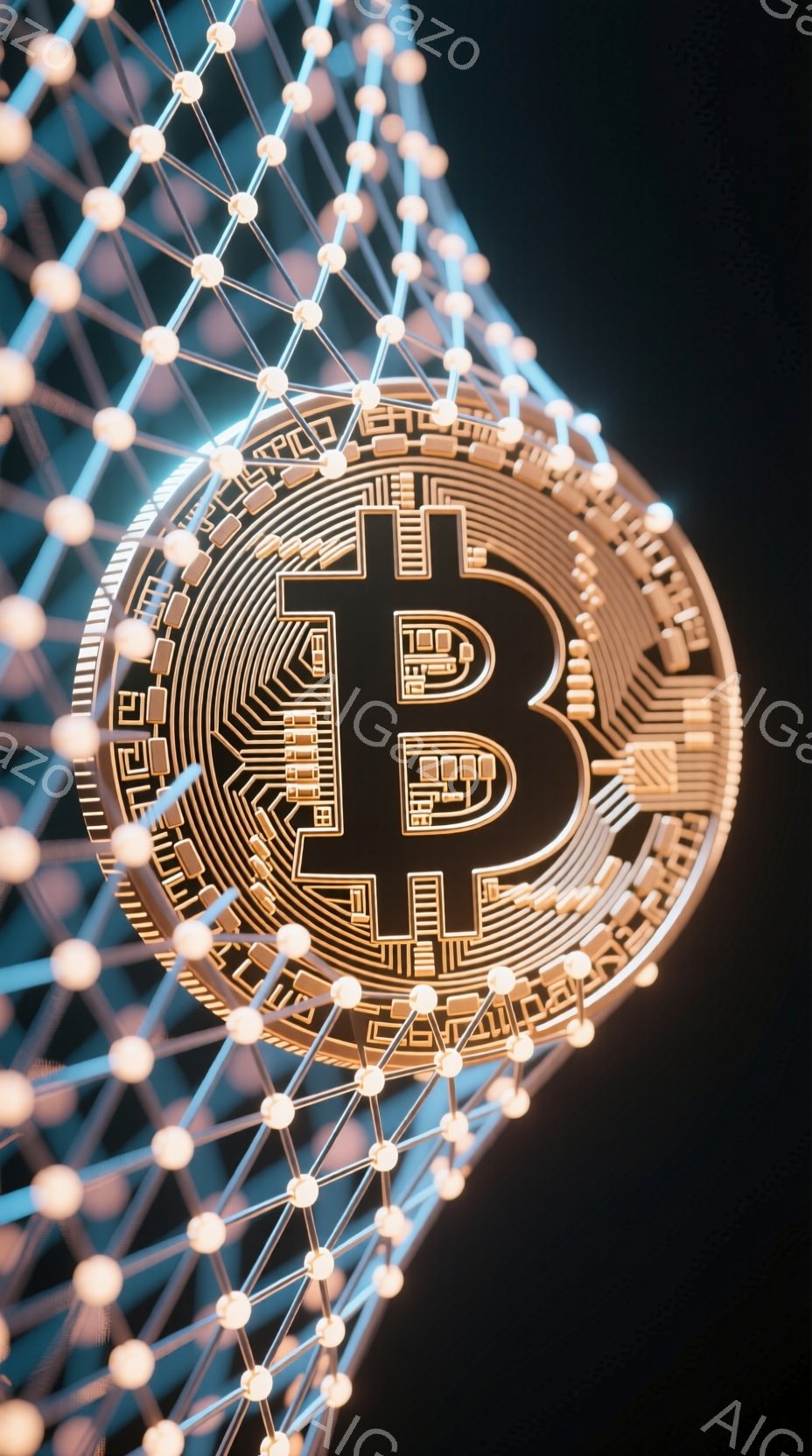 画像は暗い背景に浮かぶビットコインのシンボルを捉えており、金色の複雑な回路パターンで構成されています。シンボルの周囲には、光る青い線が網目状に繋がり、未来的なネットワークを表しています。全体的に、技術 - AI生成フリー素材