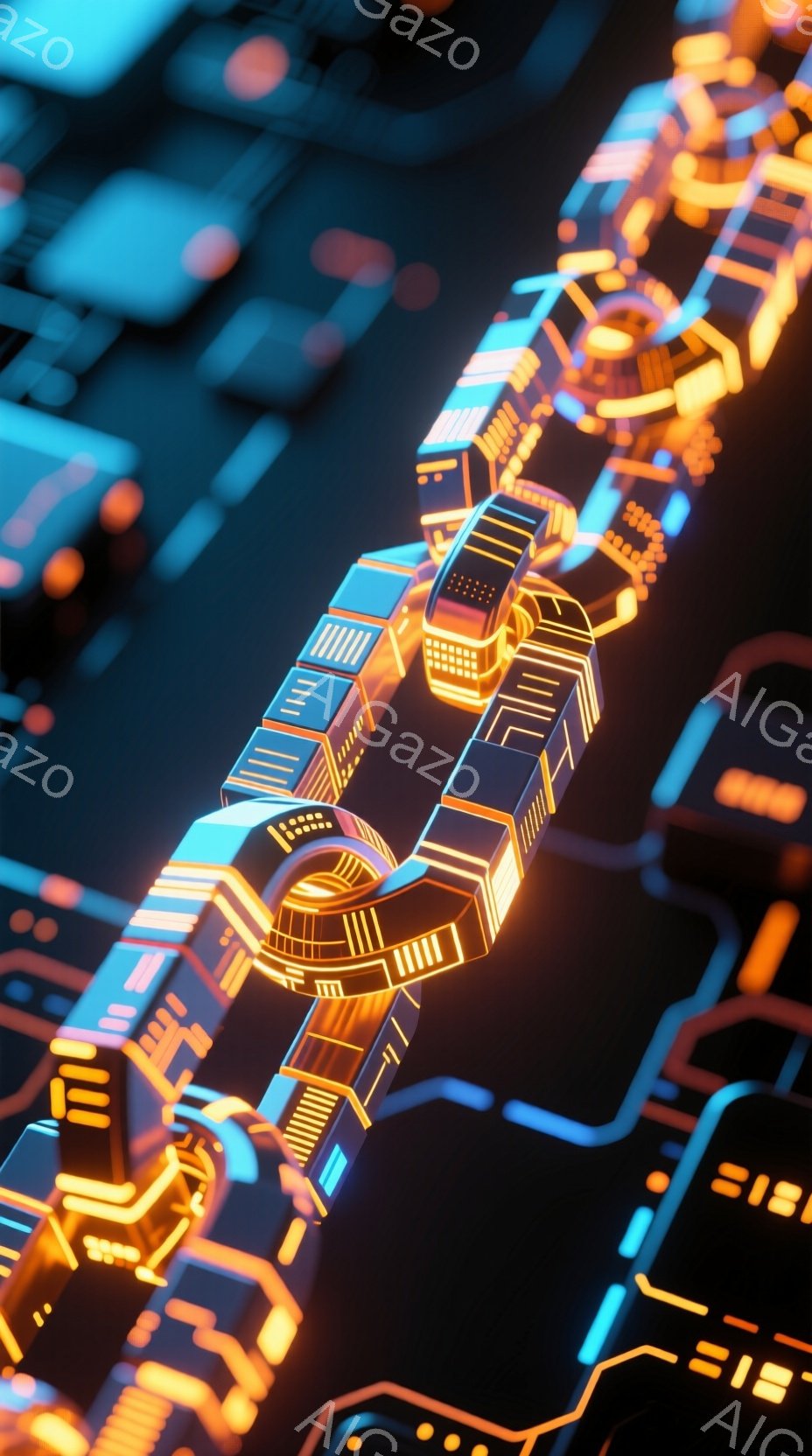 未来的な回路や都市の構造が組み合わさった、ネオンカラーの抽象的な画像です。鮮やかなオレンジと青色の光が、幾何学的な建物や接続された線路を照らし、サイバーパンクな雰囲気を作り出しています。全体として、テ - AI生成フリー素材