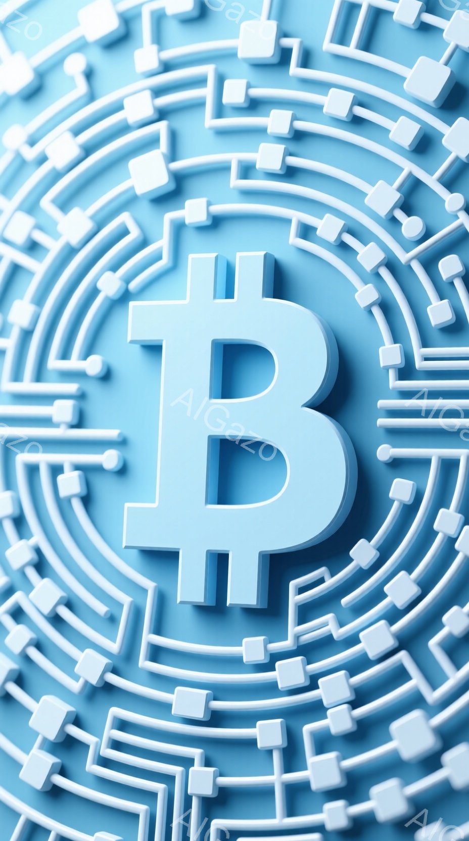 この画像は、明るい青色の背景に、ビットコインの記号が描かれています。ビットコインの記号は立体的なデザインで、複雑な迷路のようなパターンの中に配置されています。全体的に、未来的なテクノロジーと金融を象徴するような、冷たく洗練された印象を与えます。