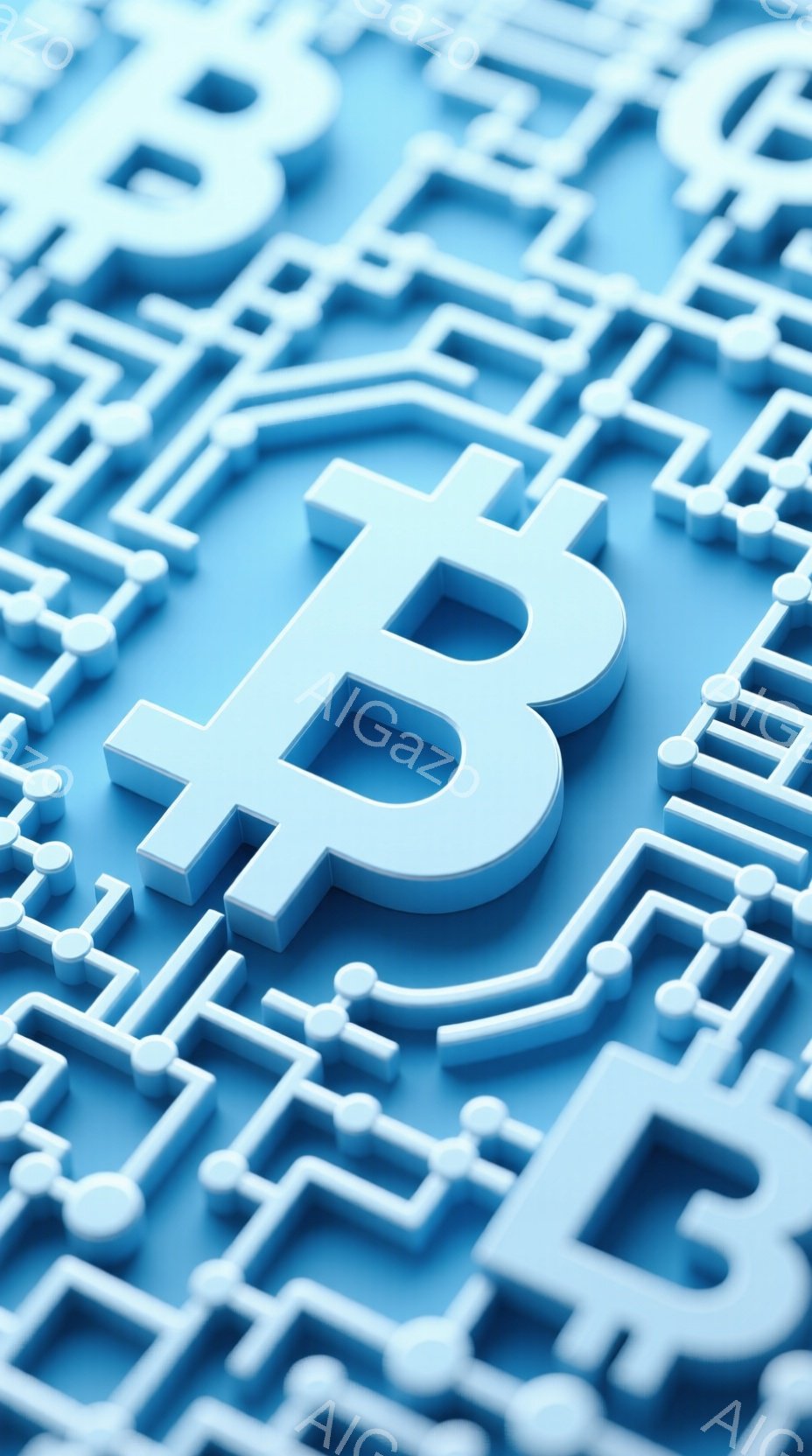 鮮やかな青色を基調とした画像で、ビットコインのシンボルが回路のような白い線の上に配置されています。シンボルは立体的に表現され、背景の線と合わせて未来的な印象を与えます。全体的にクールでテクノロジーを感 - AI生成フリー素材