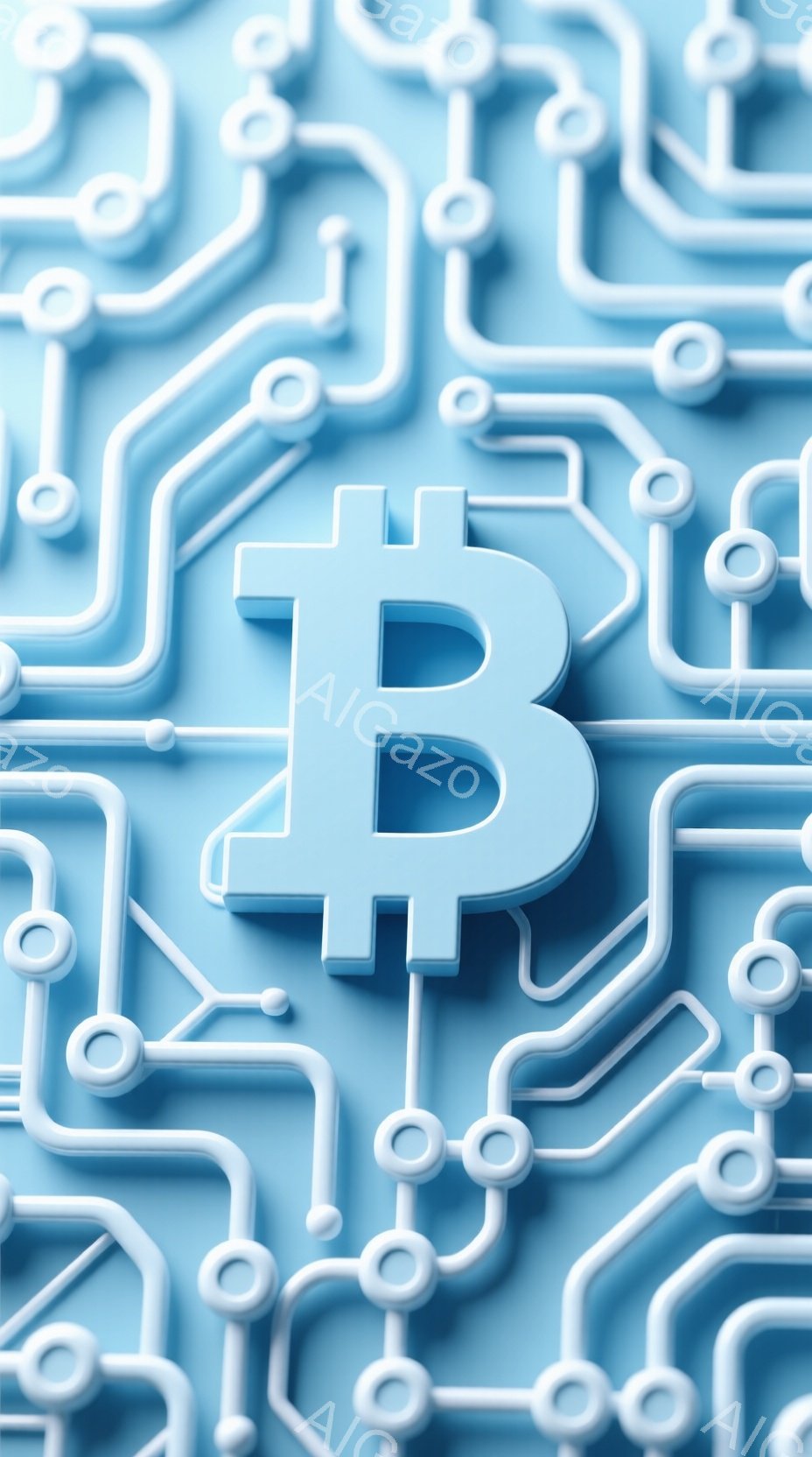 鮮やかな水色の背景に、白い立体的なビットコインのロゴが大きく配置されています。ロゴの周囲には、回路基板のような白い線が複雑に絡み合い、テクノロジーや金融を連想させるデザインとなっています。 全体的に未来的で、デジタル通貨の先進性を強調するような雰囲気です。