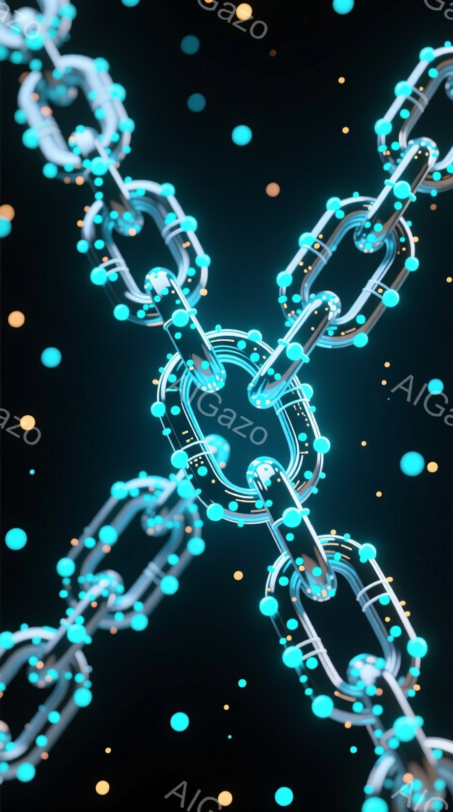 鮮やかなターコイズブルーの光るリンクが連なり、複雑なチェーンのような構造を形成している。背景は暗く、小さな光の粒子が散りばめられ、まるで宇宙空間のような印象を与える。全体的に未来的な雰囲気で、エネルギーの流れや繋がりを象徴しているように見える。
