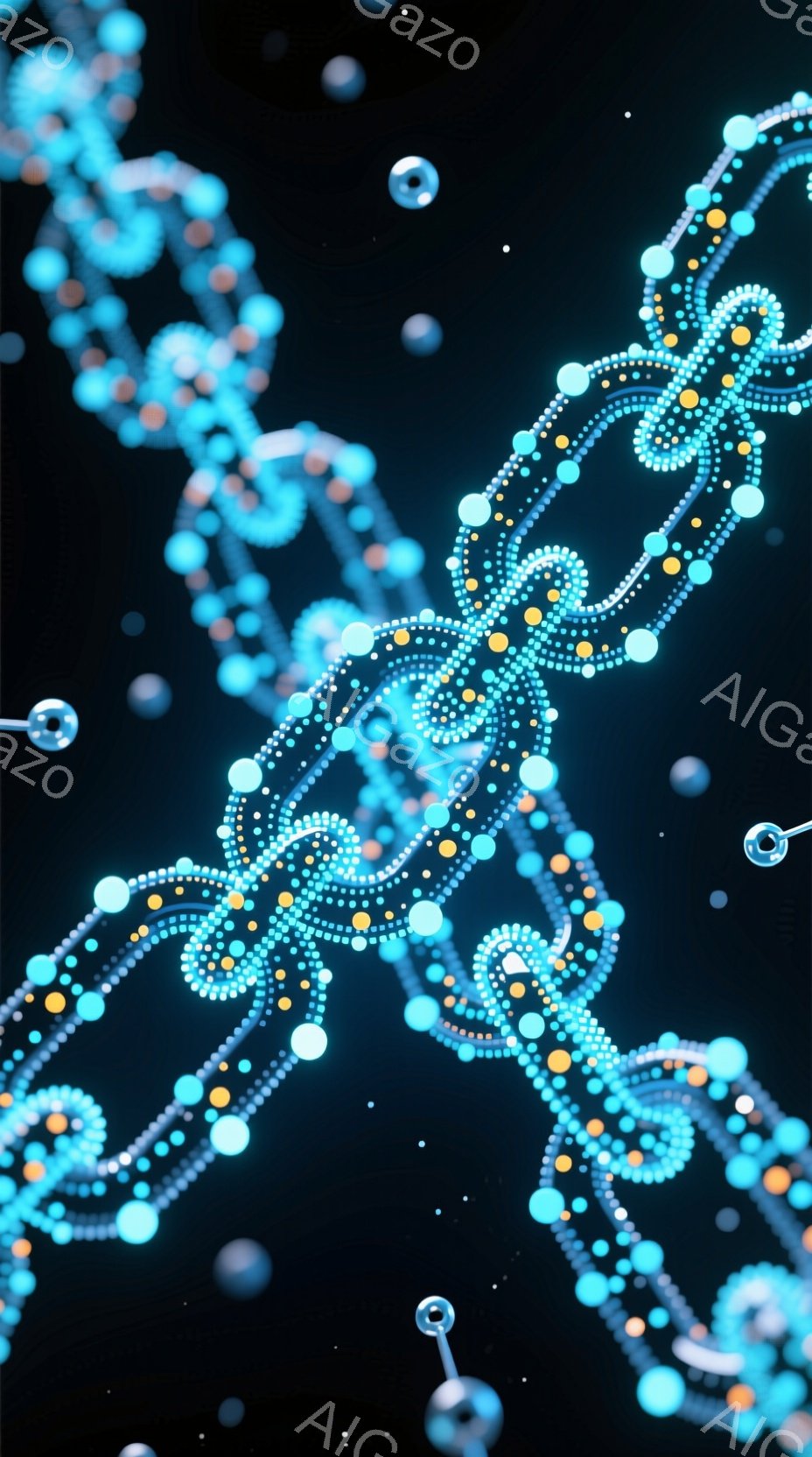 鮮やかなターコイズブルーとオレンジ色の小さな球体で構成された、複雑な曲線と螺旋が画面全体に広がっている。球体は、まるで光の粒子のように散りばめられ、暗い背景の中で幻想的な光の軌跡を描いている。全体的に、流動的で抽象的な、未来的なエネルギーを感じさせるイメージである。