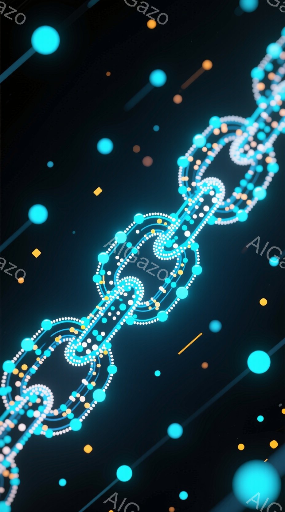 鮮やかなターコイズブルーとゴールドの点描が、まるで光る螺旋状の装飾品やエネルギーの流れを思わせる抽象的な構成をなしている。暗い紺色の背景に散りばめられた点々は、星空を連想させ、幻想的な雰囲気を醸し出している。全体的に、動きと神秘性を感じさせる、宇宙的なアート作品である。