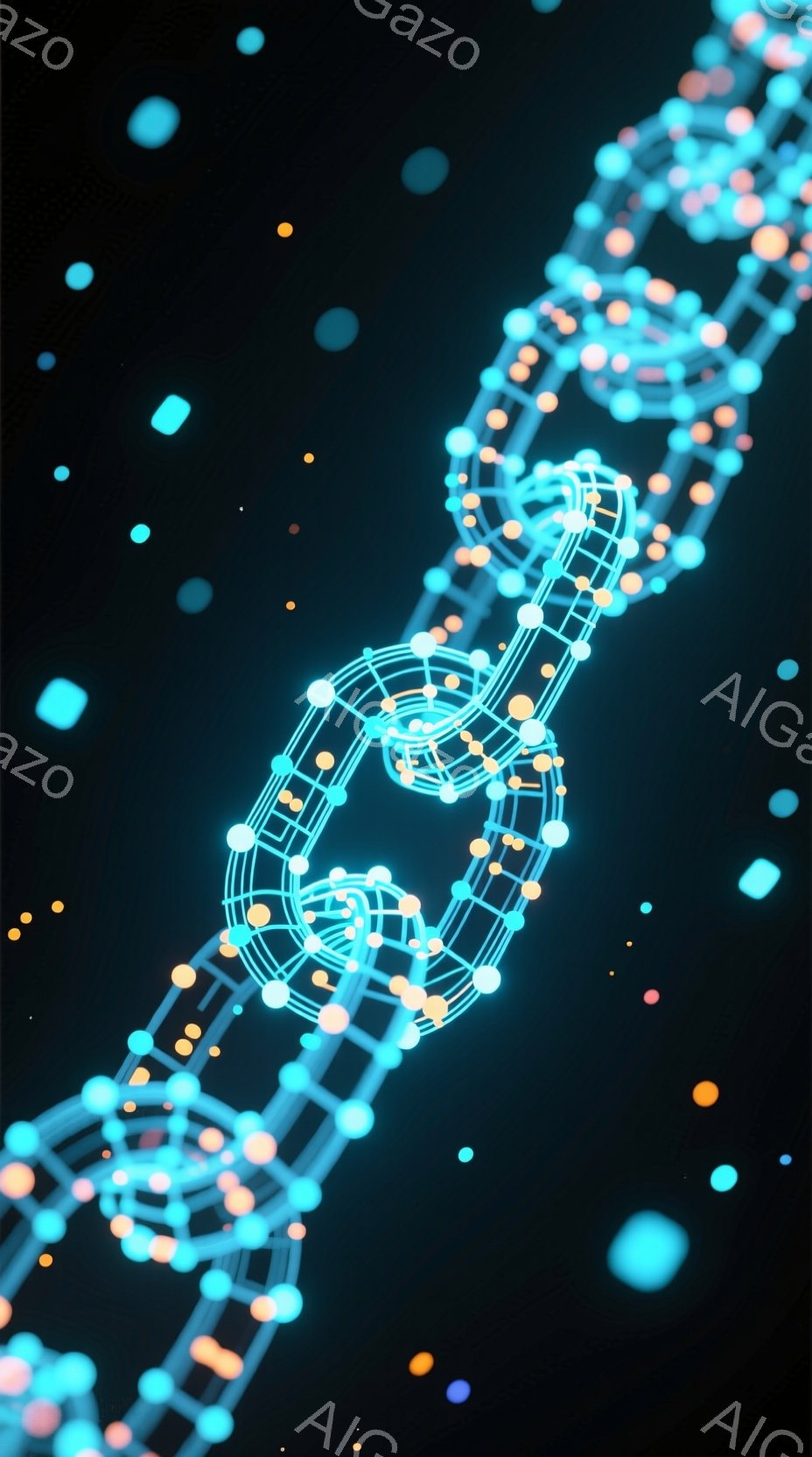 この画像は、青とオレンジの光る粒子で構成された連鎖的な構造を描いています。粒子は線で結ばれ、まるでDNAや分子構造のような複雑な形状を形成しており、暗い背景に浮かび上がることで未来的な印象を与えます。全体的に、科学的で抽象的な雰囲気を持ち、エネルギーの流れや繋がりを表現しているように見えます。