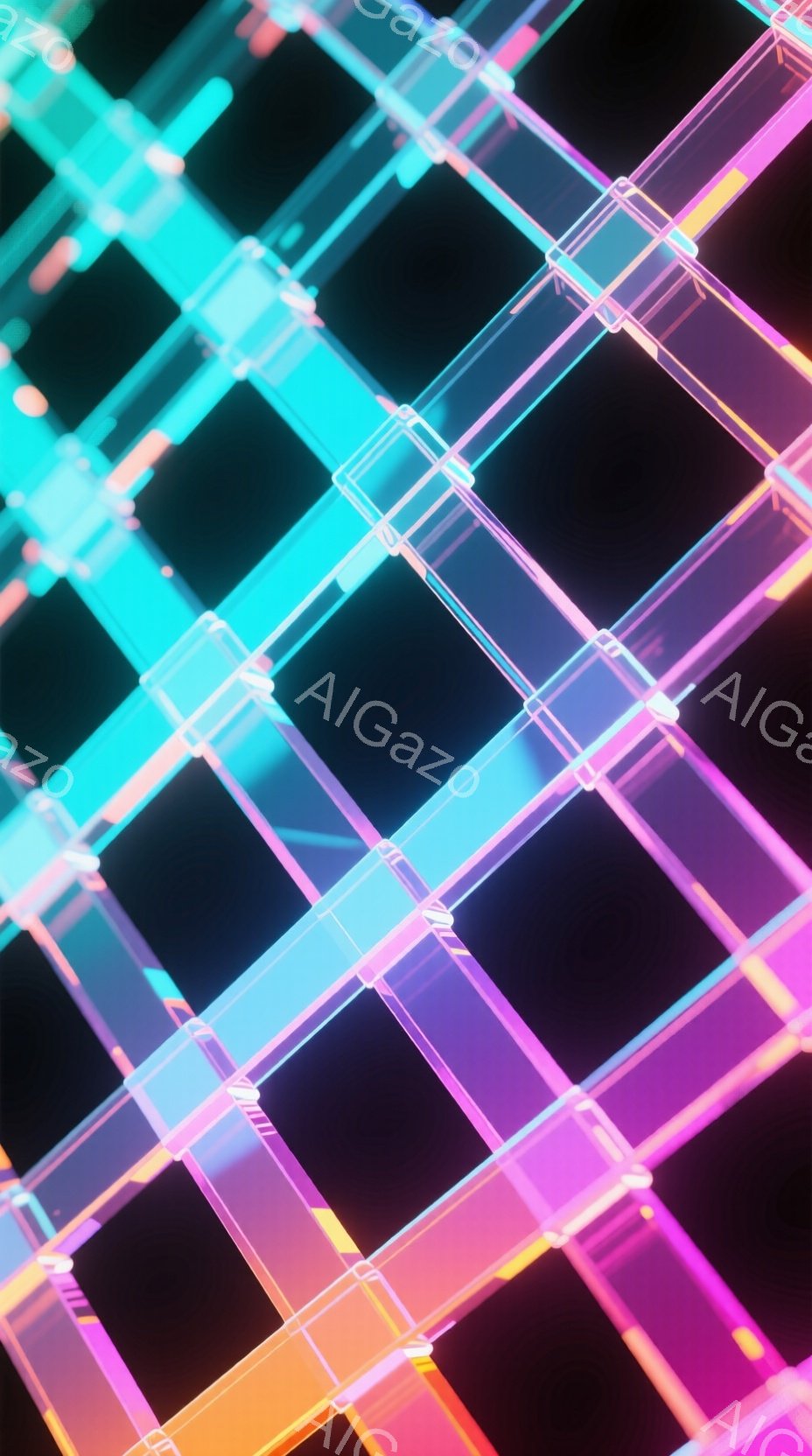 鮮やかなネオンカラーの光の線が、黒い背景の中で交差する抽象的な画像です。光の線は、まるで未来的な建造物や回路を思わせる幾何学的なパターンを形成しており、見る者に強烈な視覚効果を与えます。全体的に、テク - AI生成フリー素材