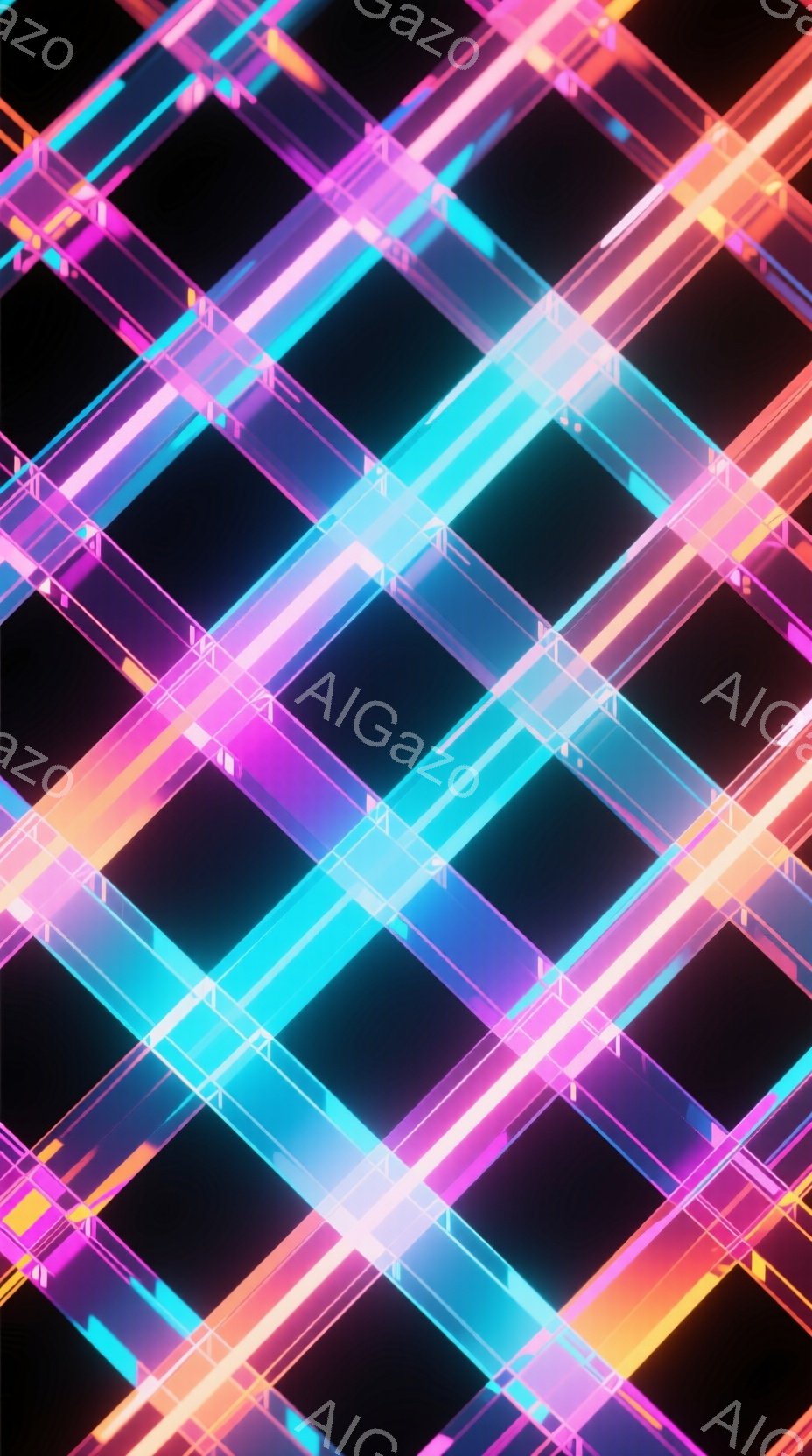 鮮やかなネオンカラーの光の線が格子状に交差する抽象的な画像です。ターコイズブルー、ピンク、オレンジなどの色が、暗い背景に浮かび上がり、未来的な雰囲気を醸し出しています。光の線は、奥行きを感じさせるよう - AI生成フリー素材