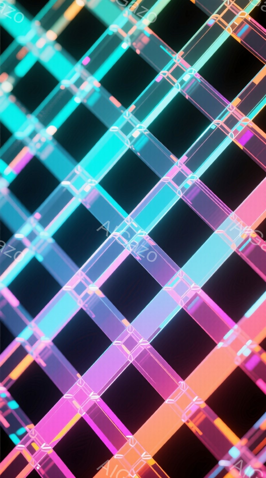 鮮やかなネオンカラーの光の線が、複雑に交差して構成された抽象的な背景画像である。ピンク、紫、青、オレンジなど様々な色が使用されており、未来的な印象を与える。光の線は立体的に表現されており、奥行きと動き - AI生成フリー素材