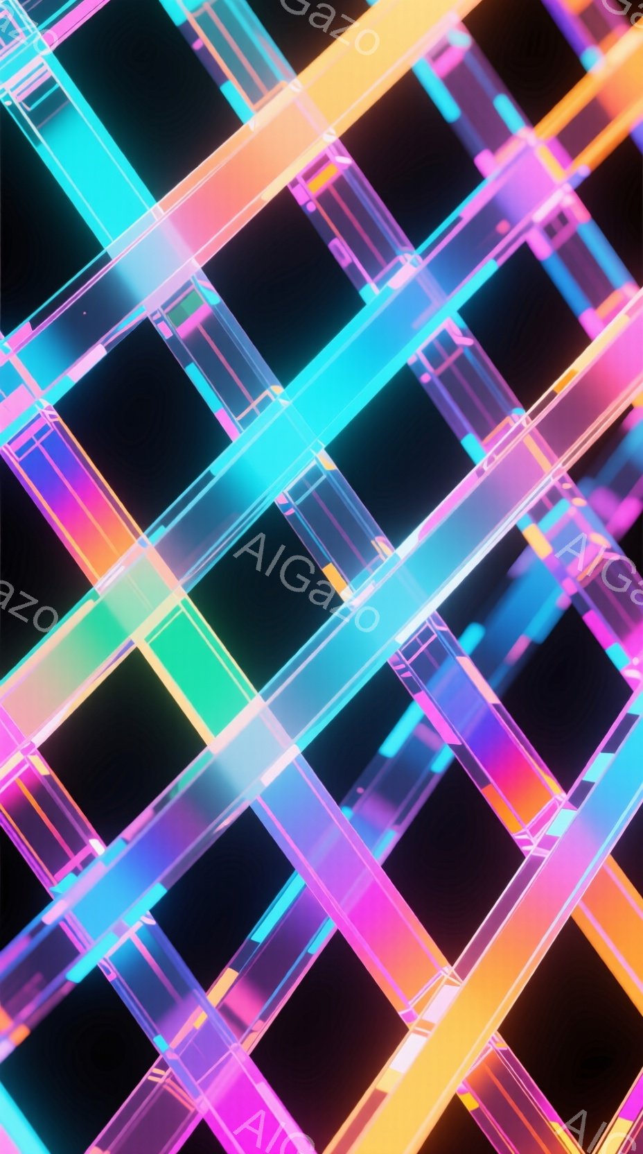 鮮やかなネオンカラーの線が、複雑に交差する抽象的な構造が印象的な画像です。ピンク、紫、水色、オレンジなどの色が、光沢のある素材で表現されており、未来的な雰囲気を感じさせます。背景は黒く、線が際立って見え、まるで光の迷路のような印象を与えます。