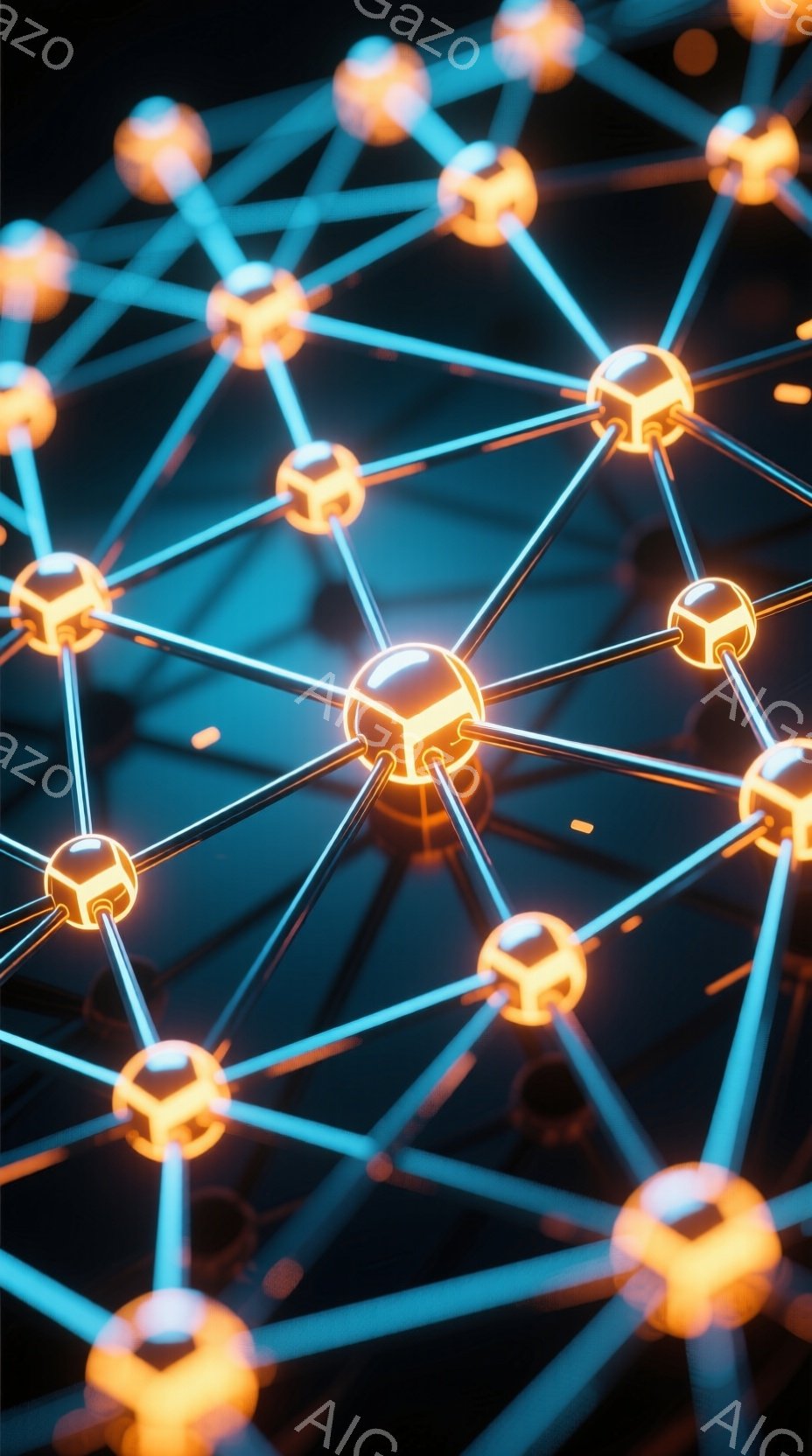 この画像は、光沢のあるオレンジ色の球体が、細い青い線で複雑に繋がれたネットワーク構造を描いています。球体は、それぞれが多面体のような形状で、光を反射し、未来的な印象を与えます。暗い背景が、ネットワークの鮮やかさを強調し、科学技術や接続性を象徴する抽象的なビジュアルとなっています。
