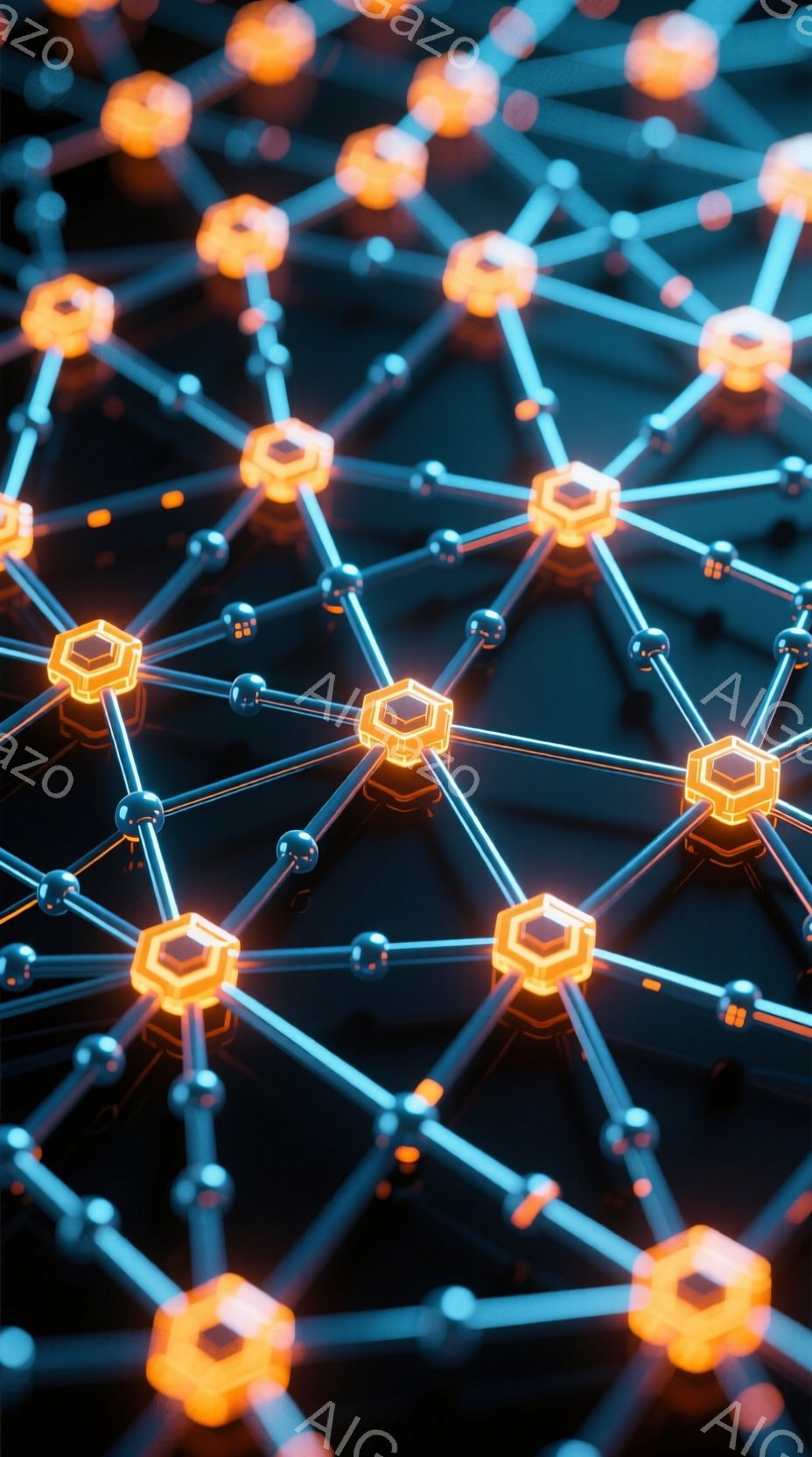 鮮やかなオレンジ色の光を放つ六角形のノードが、細い銀色の線で複雑に繋がれたネットワークが広がっています。背景は暗く、ネットワークが際立ち、まるでデジタル空間や回路基板のような印象を与えます。全体的に未来的な科学技術やデータ構造を連想させる、洗練された雰囲気です。