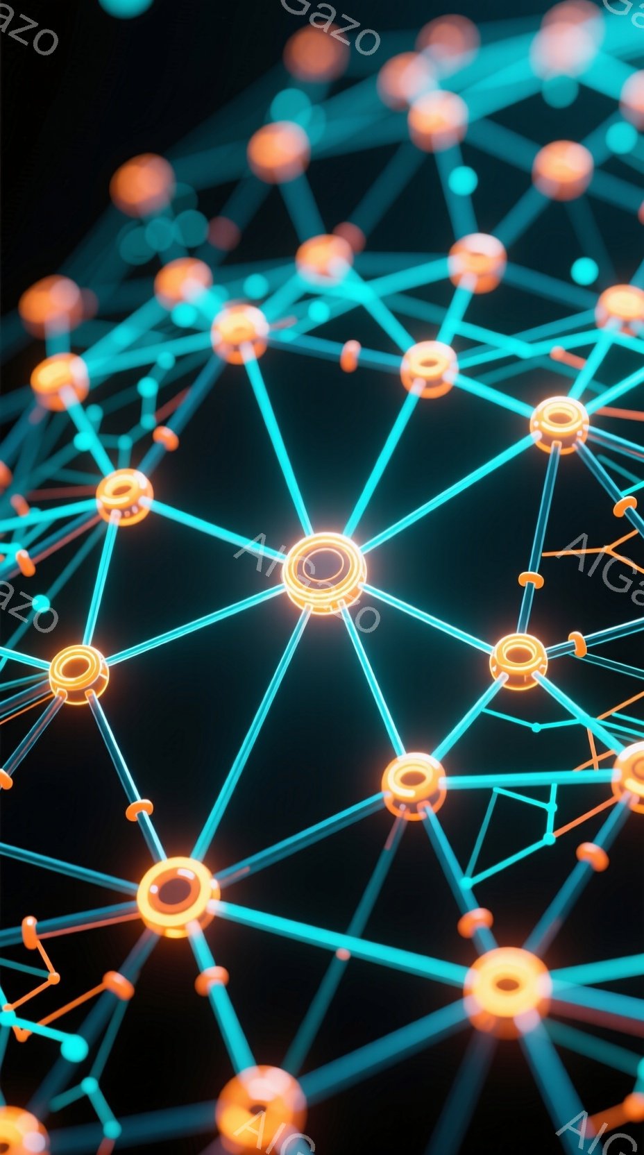 鮮やかなオレンジ色の球体が、明るい青色の線で繋がれたネットワーク状の構造が広がっている。球体はそれぞれ発光しており、まるでエネルギーが循環しているかのような印象を与える。背景は暗く、この構造が際立って - AI生成フリー素材