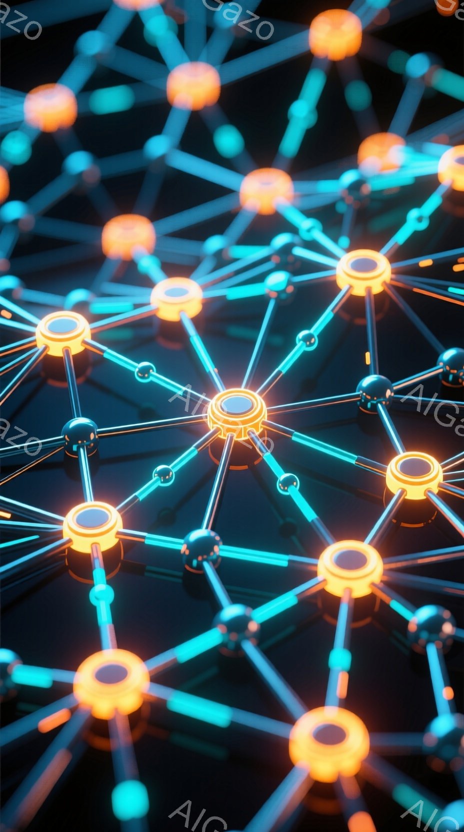 鮮やかなオレンジと青色の光が、複雑なネットワークを形成している様子が描かれている。球体状のノードが線で接続され、まるで神経回路やデータフローのような構造を作り出している。背景は暗く、ノードと線が光るこ - AI生成フリー素材