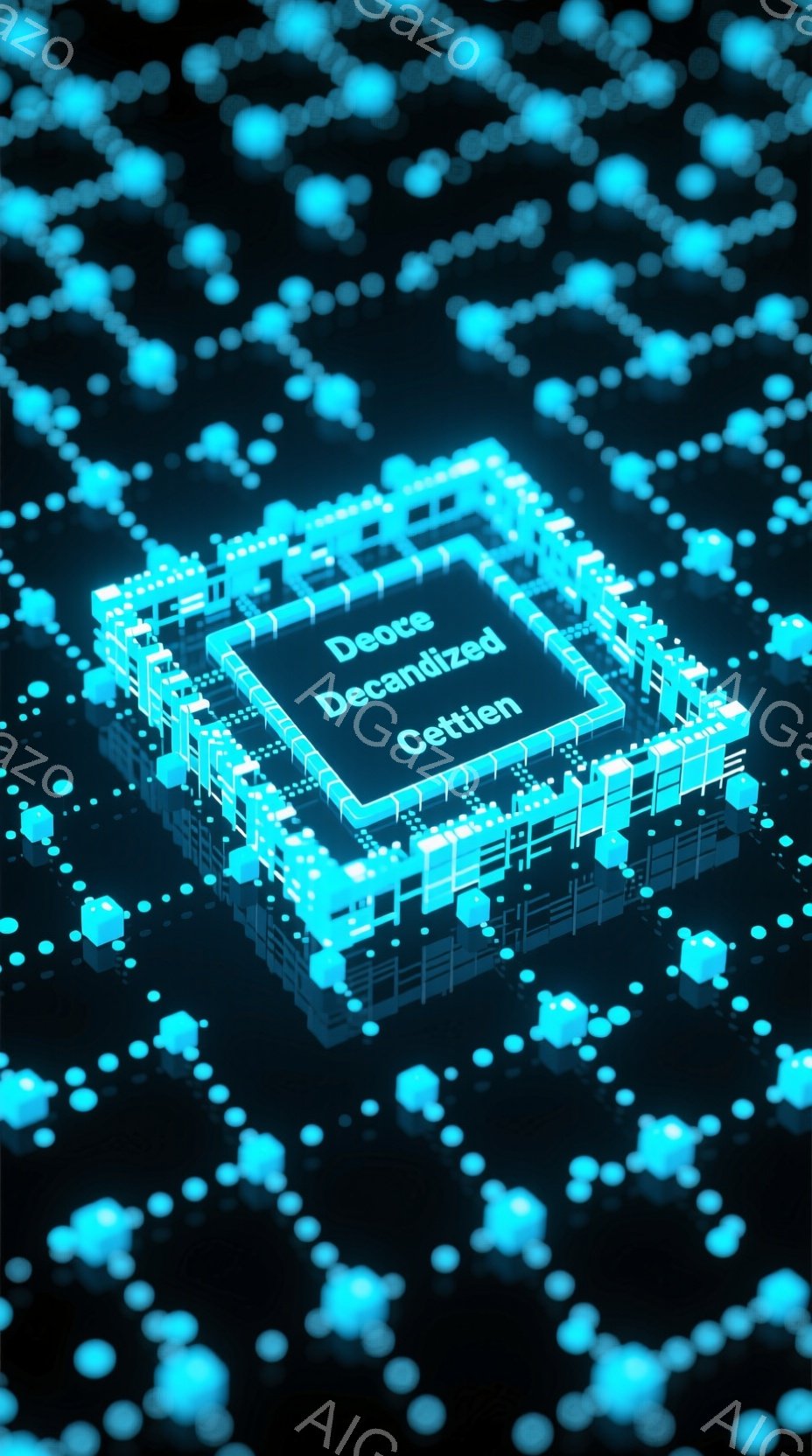 鮮やかな水色の光る立方体が、暗い背景に浮かび上がっています。中央には「Decentralized」という文字が光り、周囲には小さな立方体が散りばめられ、サイバー空間やデジタルネットワークを連想させます。全体的に未来的な雰囲気で、テクノロジーと革新性を表現しているようです。
