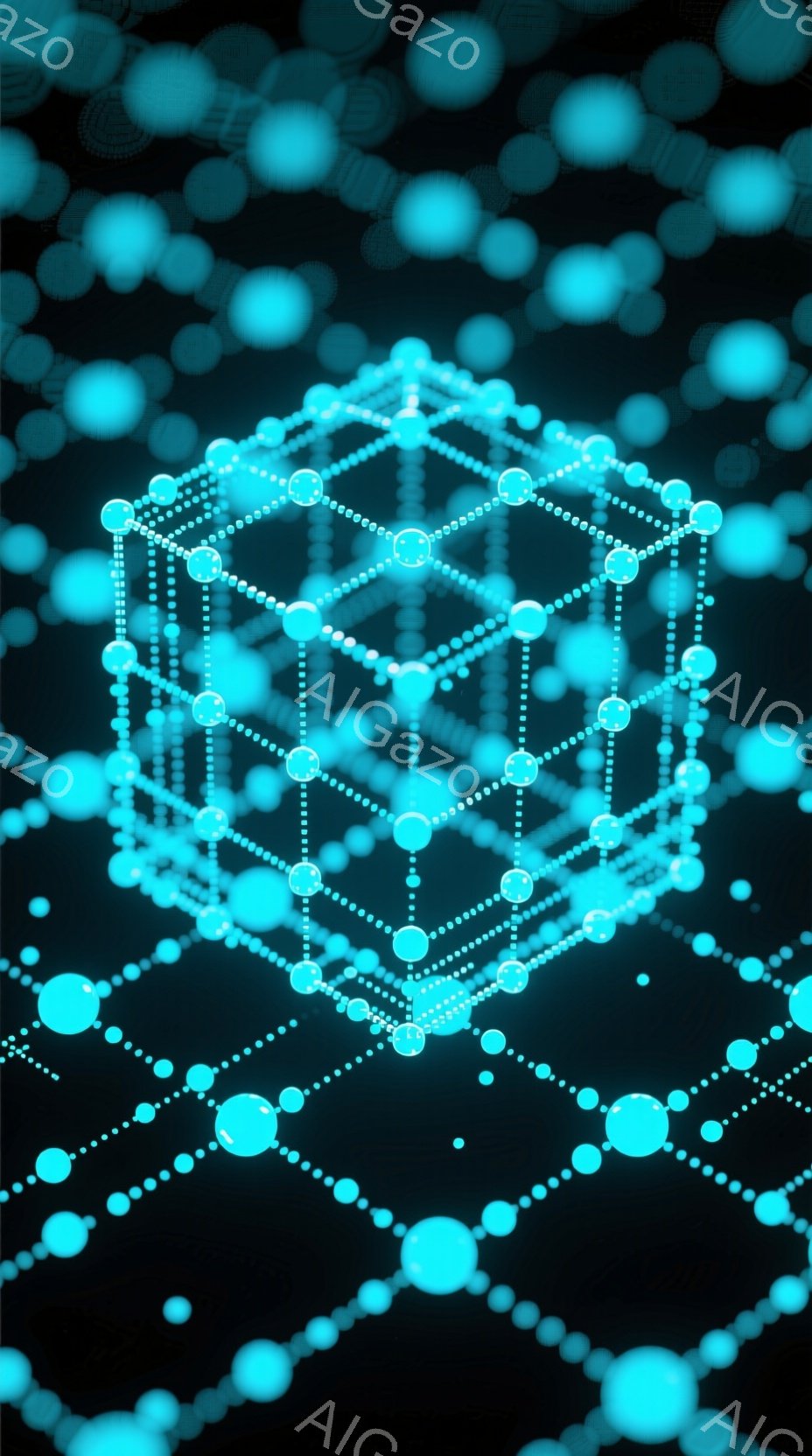 鮮やかな水色の光る球体で構成された立方体が、暗い背景の中に浮かび上がっています。球体は線で繋がれており、まるで分子構造やネットワークを表現しているかのようです。全体的に近未来的で、サイバー空間のような神秘的な雰囲気を醸し出しています。