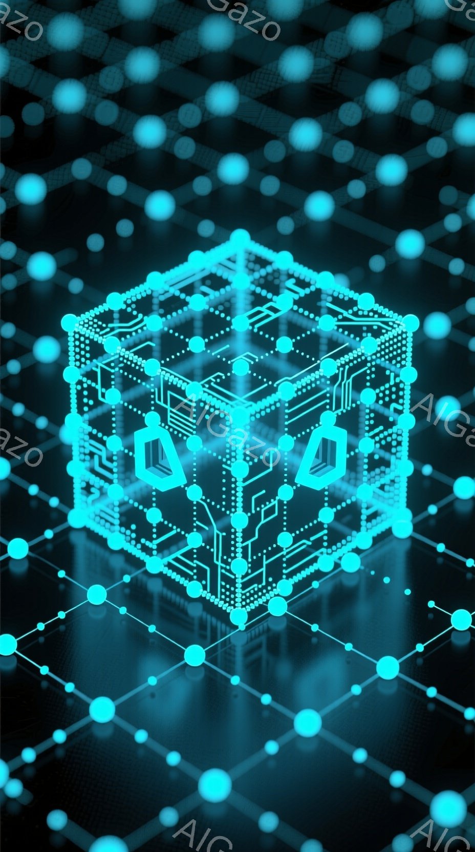 鮮やかなターコイズブルーの光る線で構成された立方体が、暗い背景に浮かび上がっています。立方体は複雑な回路図のようなパターンで装飾されており、内部には顔のようなシルエットが描かれています。背景には、同様の光る線で構成された無数の点が、立方体を取り囲むように配置され、サイバーパンクのような未来的な雰囲気を醸し出しています。