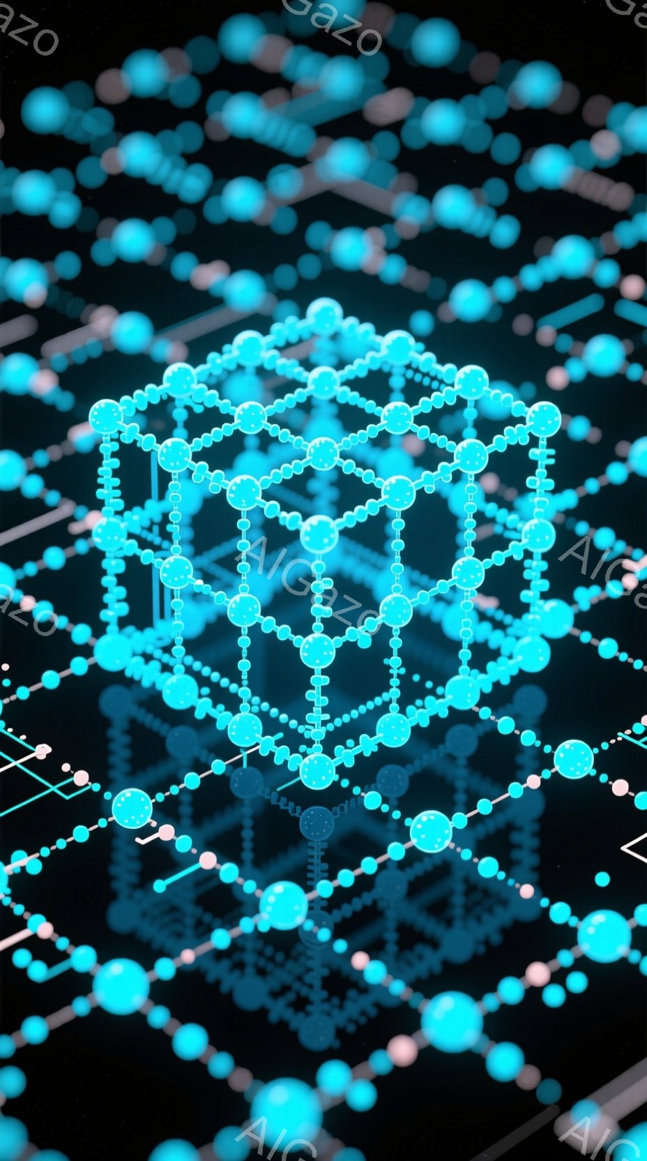 画像は、暗い背景に浮かぶ、青緑色の球体と線で構成された複雑な立方体構造のネットワークを描いています。球体は互いに接続され、光を反射し、未来的な印象を与えます。全体的に、科学的な抽象概念やデジタル空間を連想させる、幾何学的でミニマルな雰囲気です。